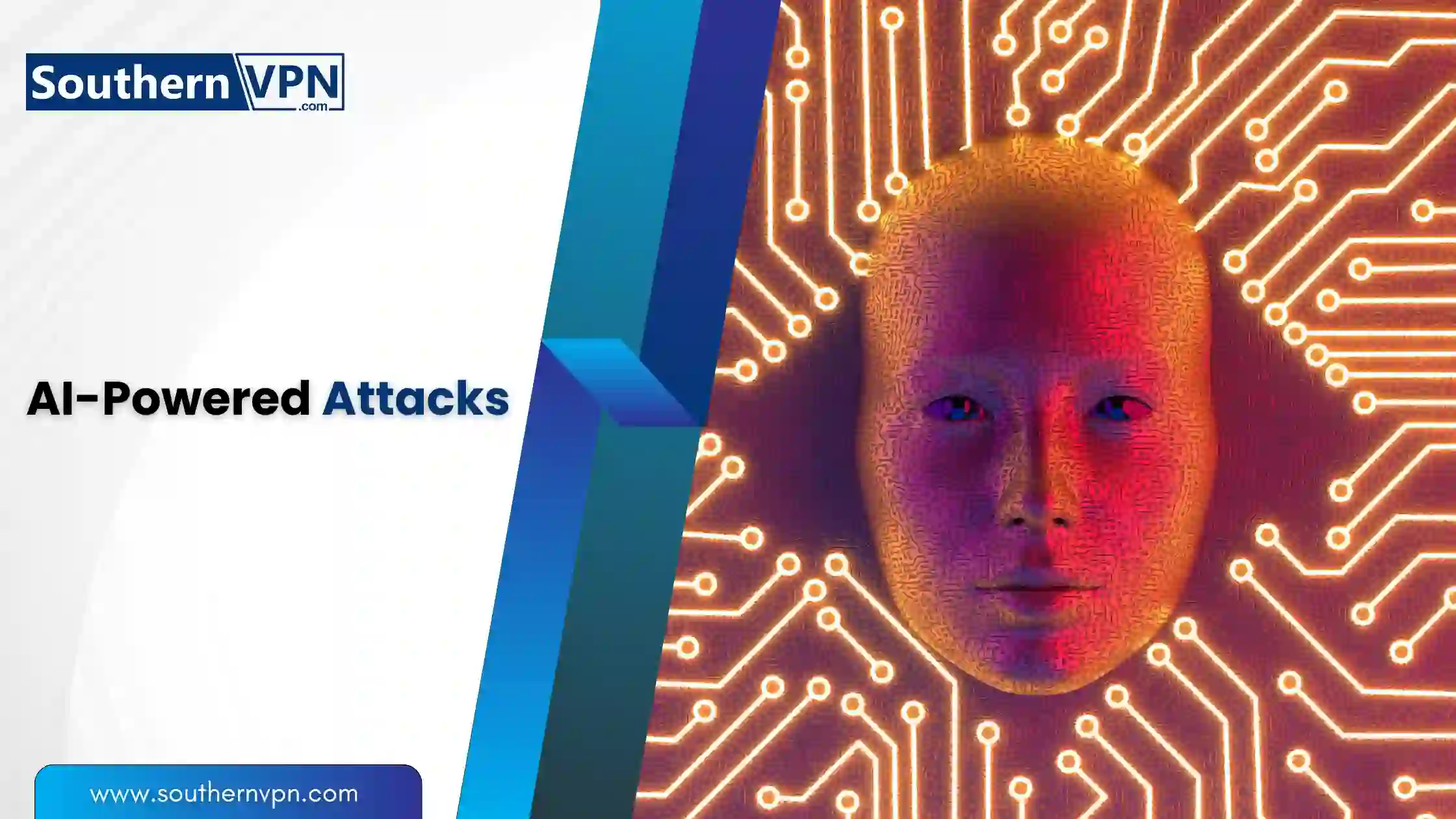 Illustration of AI-powered attacks compromising online security with a digital face and circuit patterns.