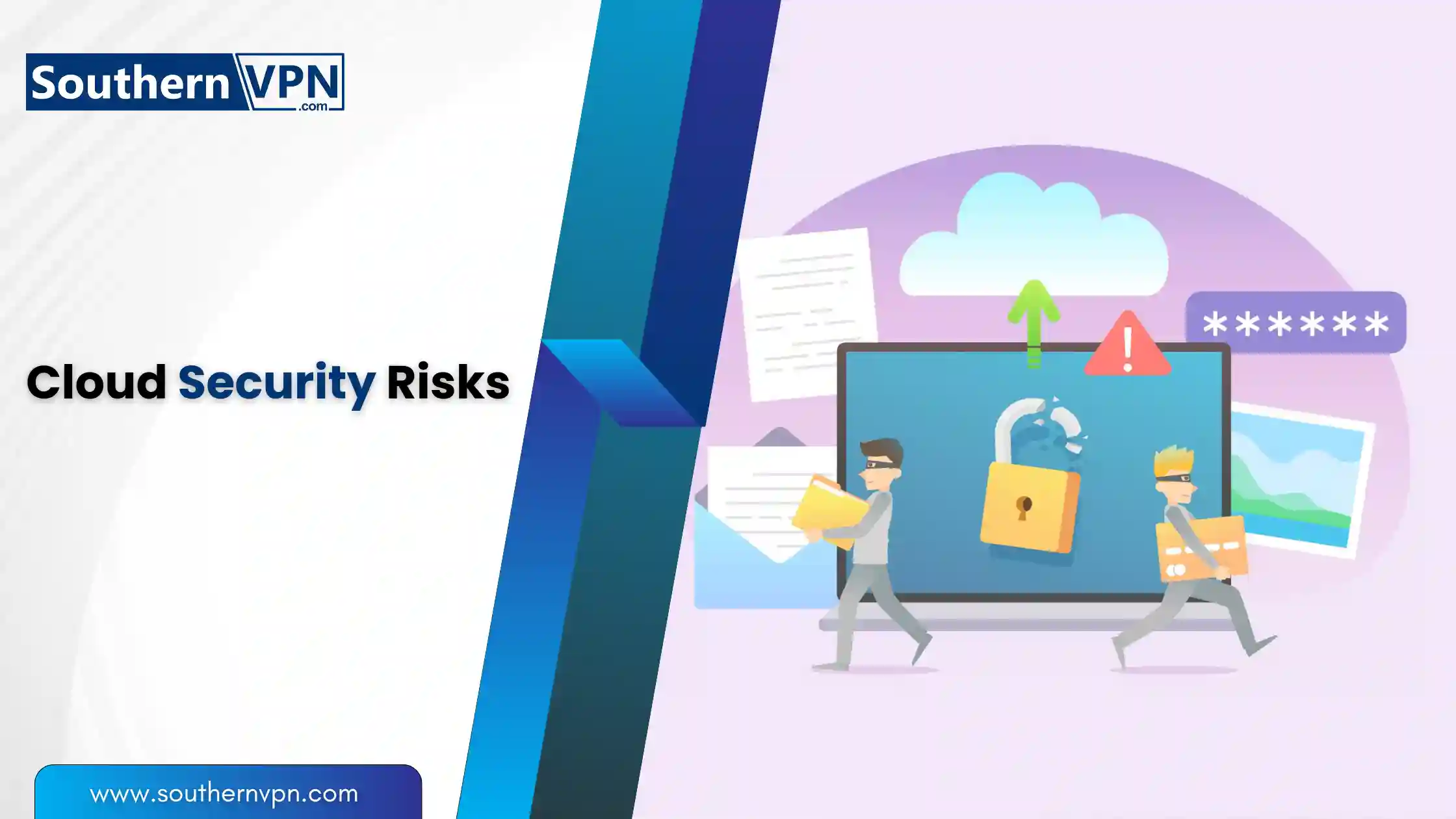 Illustration of cloud security risks compromising online security with hackers stealing data from a cloud-connected device.