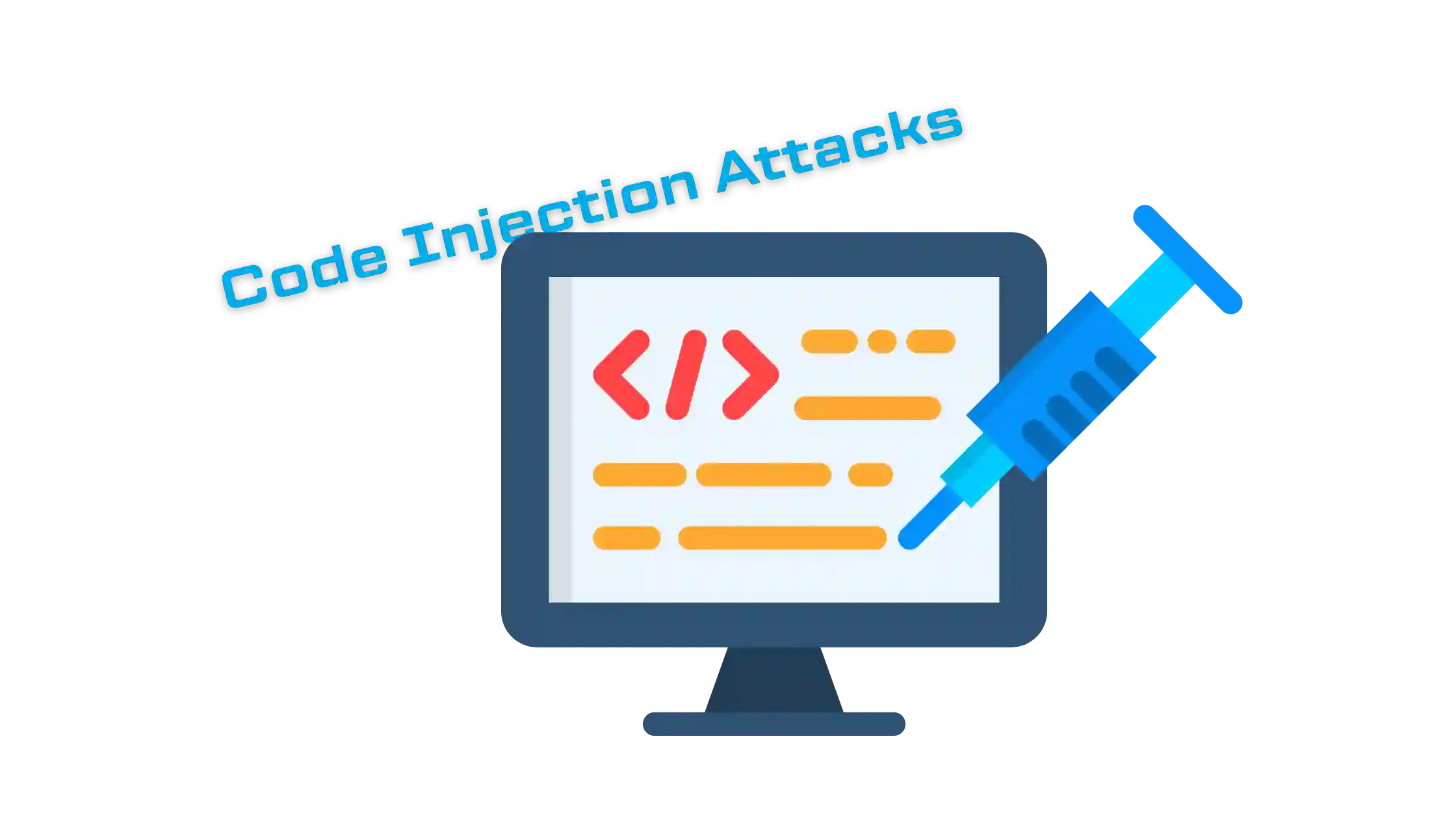 Illustration of code injection attacks compromising online security with a syringe injecting code into a computer screen.