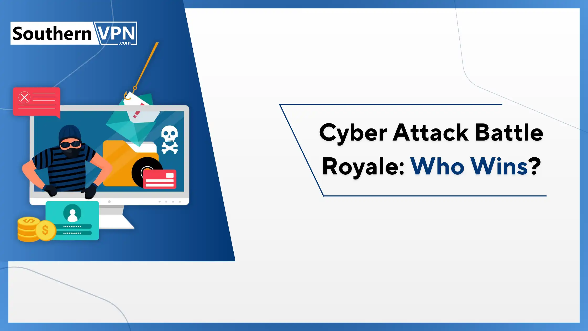 Illustration of a hacker, phishing attack, and security threats on a computer screen, representing cyber attack battle royale, highlighting types of cyber attacks.