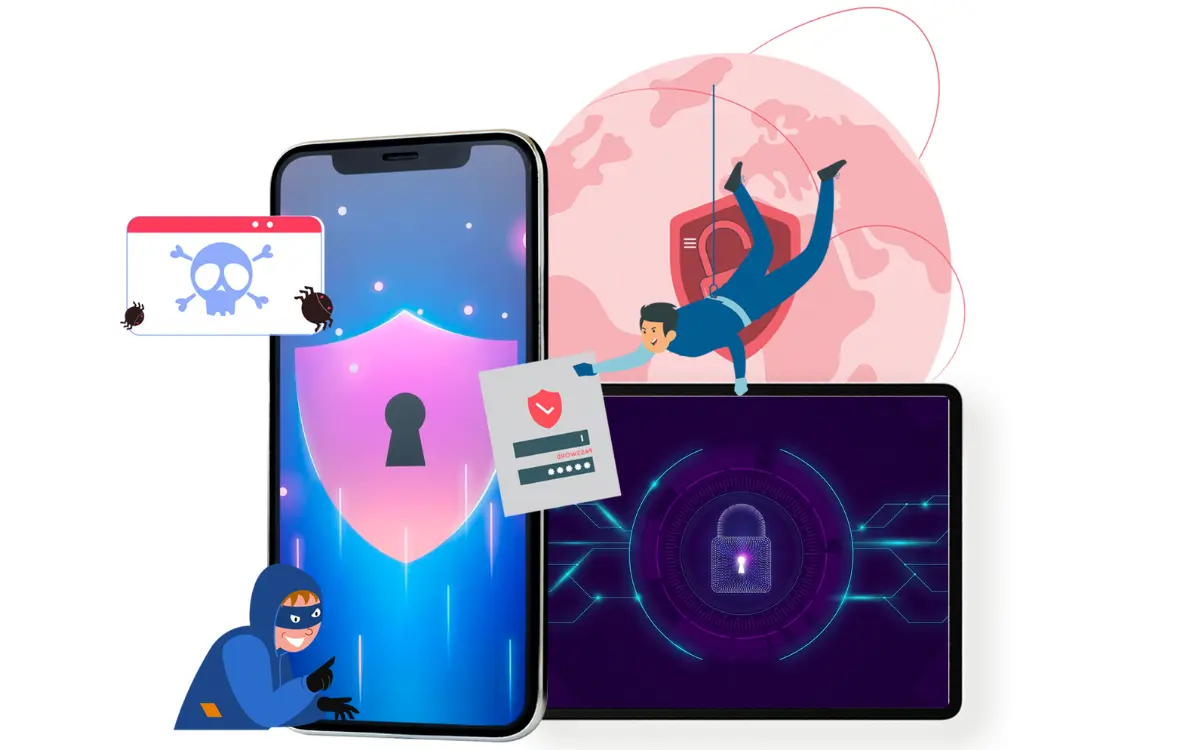 Digital security illustration showing various cyber threats targeting devices, emphasizing the need to protect your business from cyber threats.