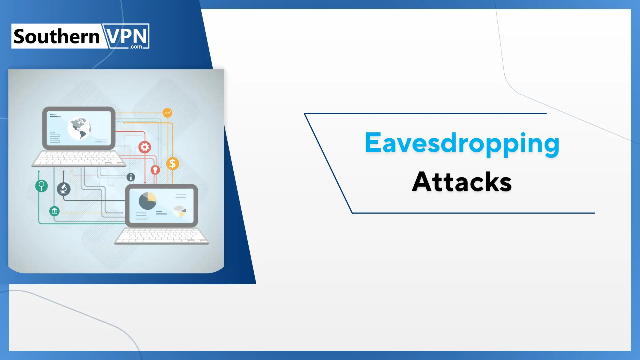 Illustration showing data transfer between laptops, representing eavesdropping attacks, highlighting types of cyber attacks.