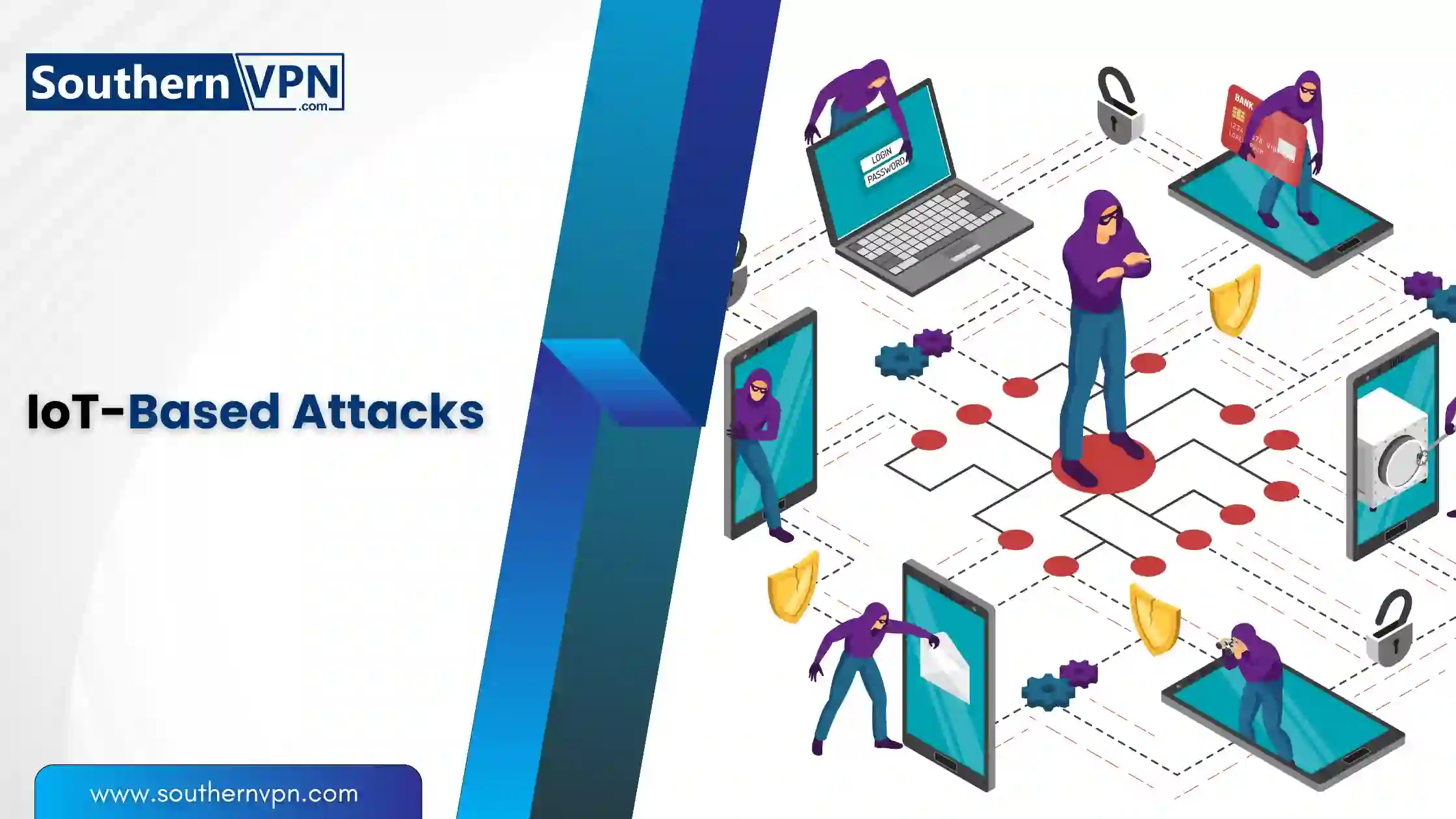 Illustration of IoT-based attacks compromising online security with hackers accessing various connected devices.