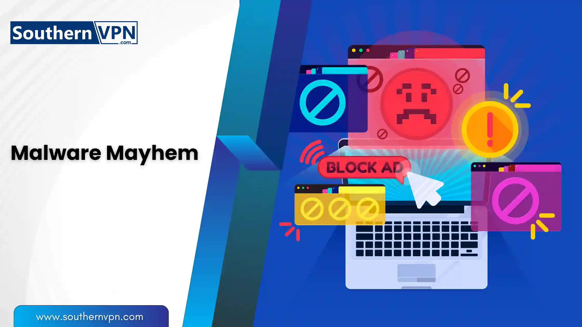 Malware mayhem illustration highlighting cybersecurity threats with warning icons on a laptop screen.