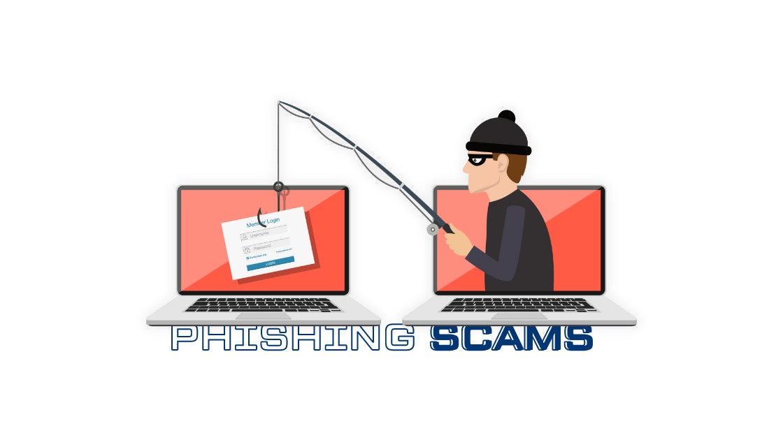 Illustration of phishing scams highlighting cybersecurity threats with a hacker and a fishing rod.