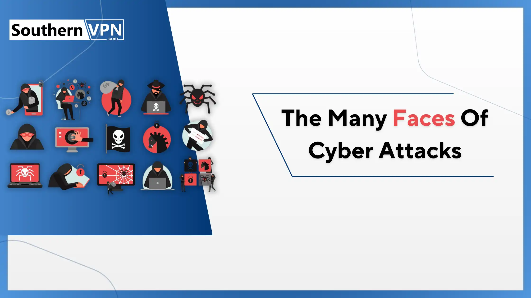 Illustration showing various icons representing different cyber attacks, highlighting types of cyber attacks.