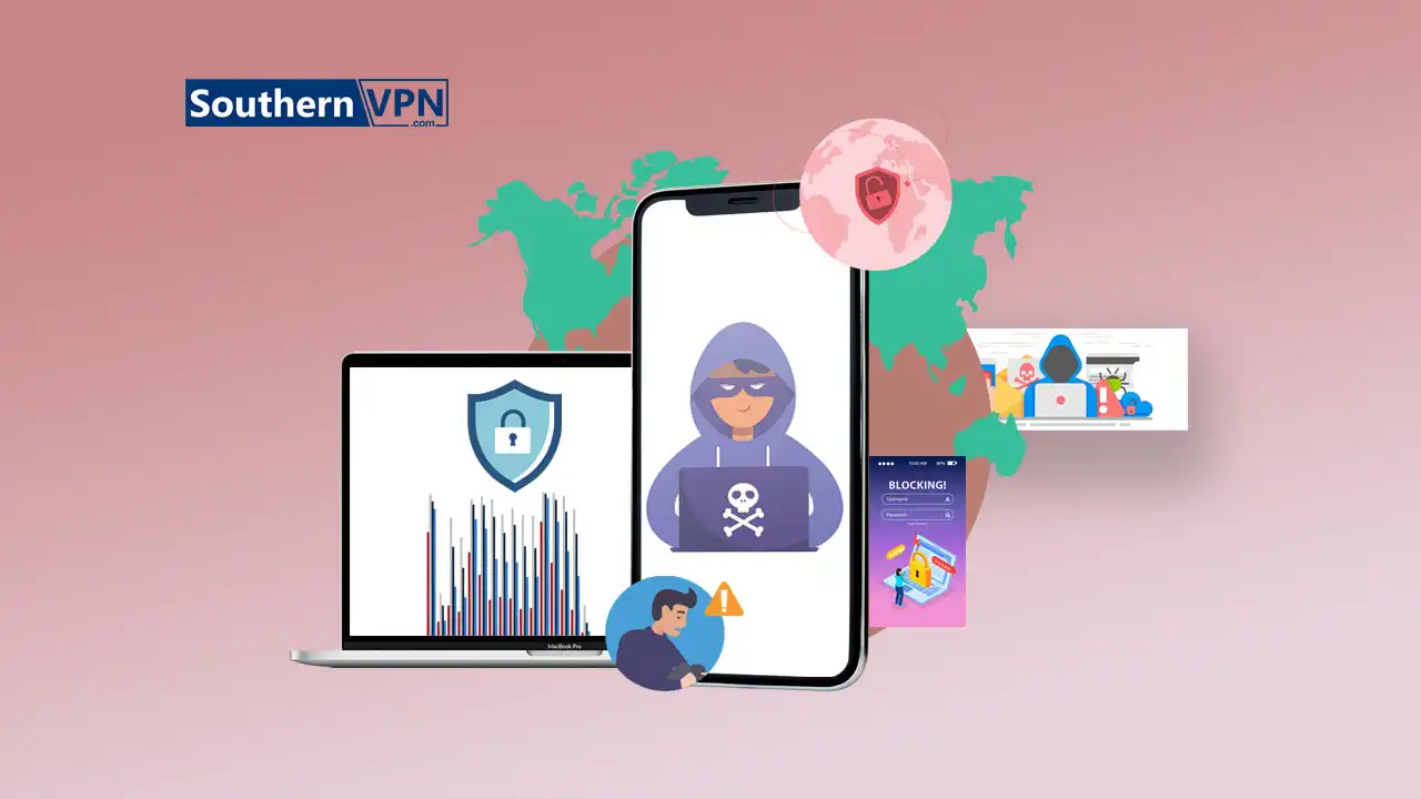 Illustration of cybersecurity threats with hacker icons and security shields on devices, representing types of cyber attacks.