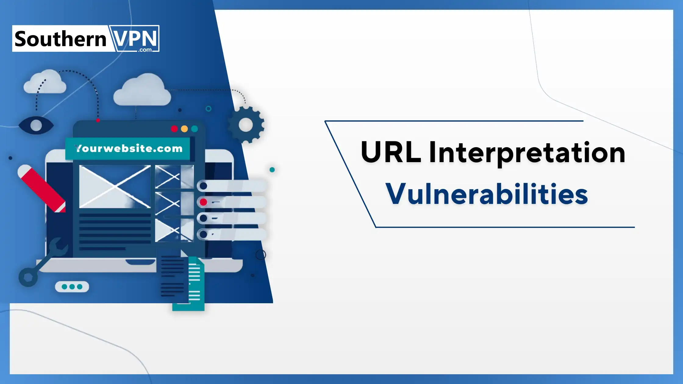Illustration showing a website with various tools and cloud icons, representing URL interpretation vulnerabilities, highlighting types of cyber attacks.