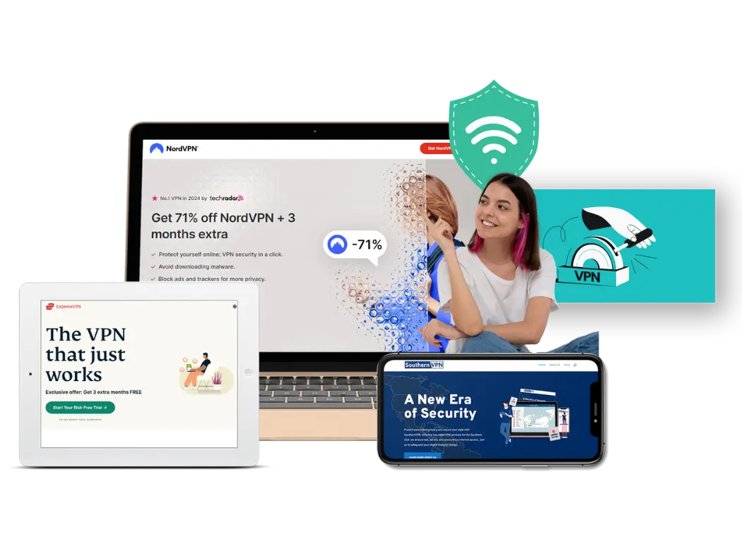 Internet security with various VPN service ads and a woman using a laptop.