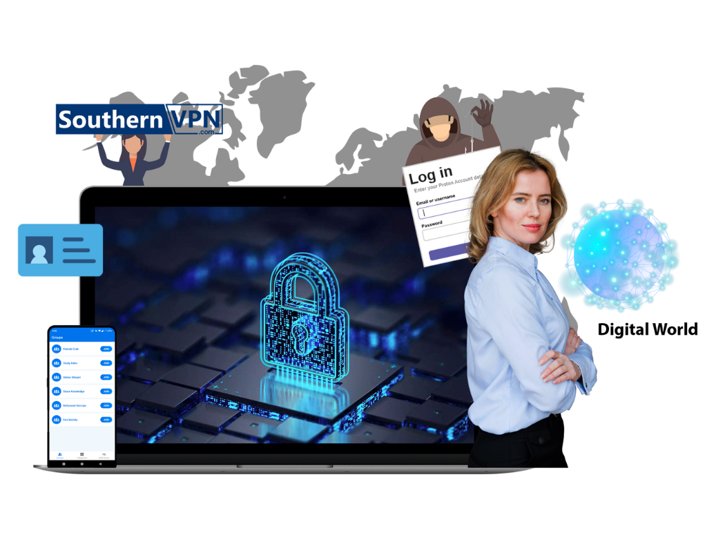 Internet Security concept with a woman, a lock icon on a laptop, mobile security app, login screen, and VPN symbols.