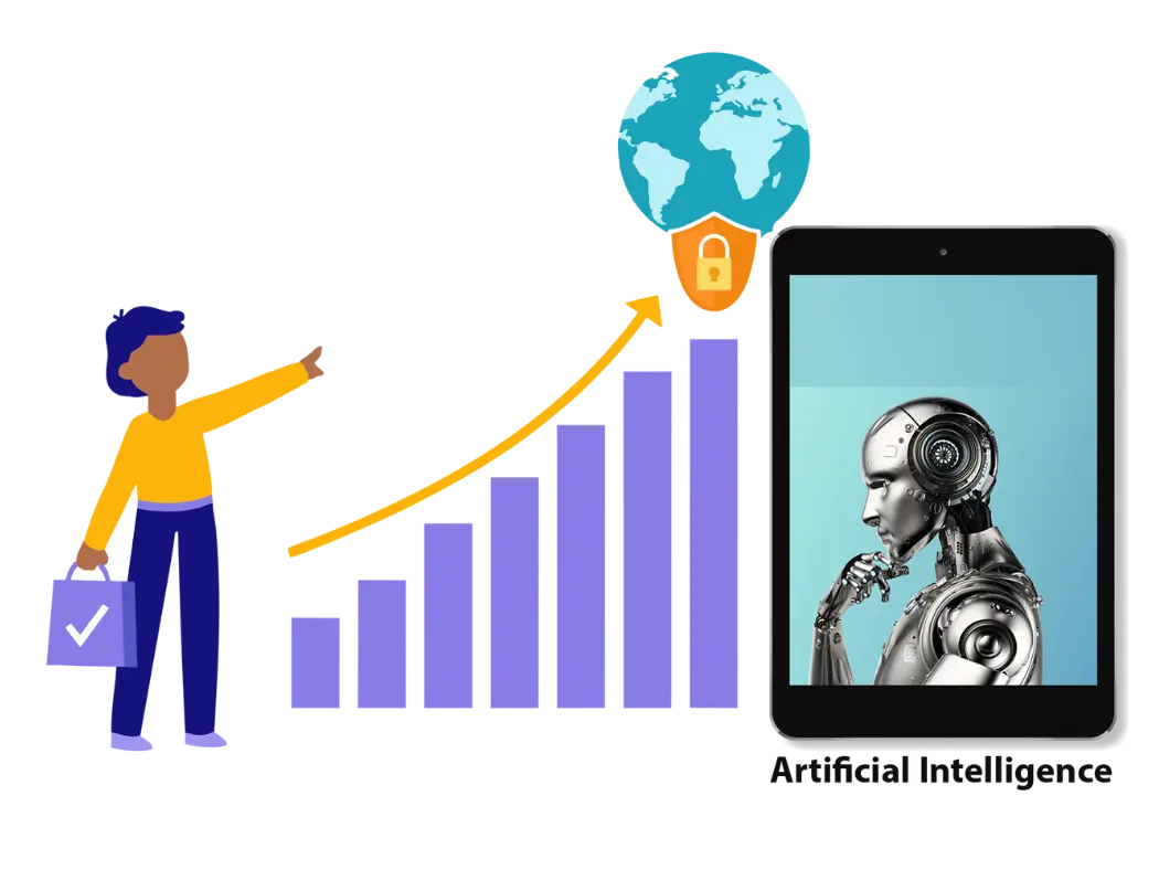 Illustration of a person pointing at a rising bar graph with a lock icon, next to an image of a robot on a tablet, highlighting the concept of artificial intelligence in cyber security.