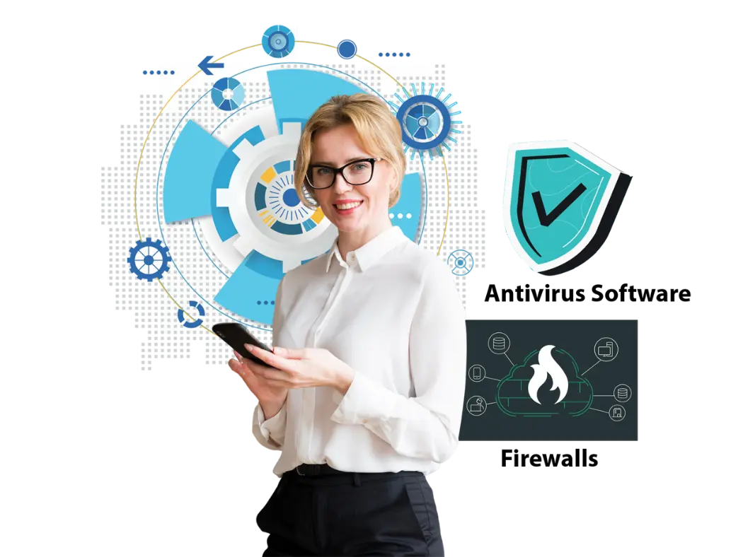 Professional woman with cybersecurity icons representing internet security and protection with technology background.