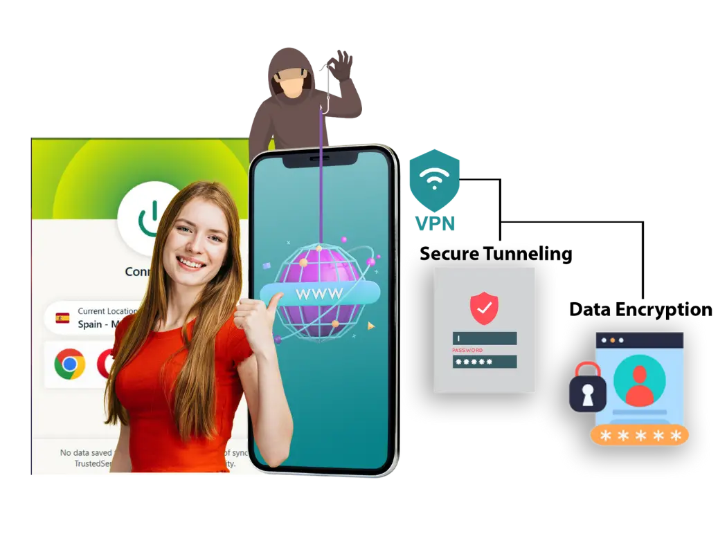 Illustration showing a woman with a smartphone demonstrating how a VPN works, highlighting what is a VPN.