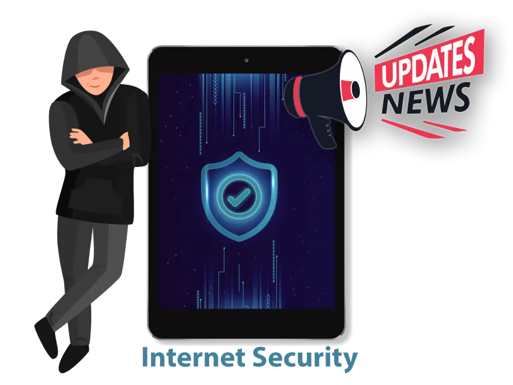 Hacker figure next to tablet displaying a security shield icon with 'Updates News' logo, representing best internet security.