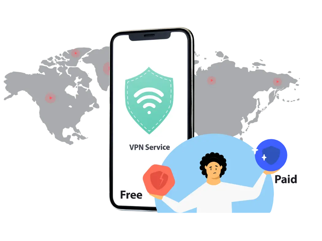 Illustration comparing free and paid VPN services on a smartphone screen, highlighting what is a VPN.