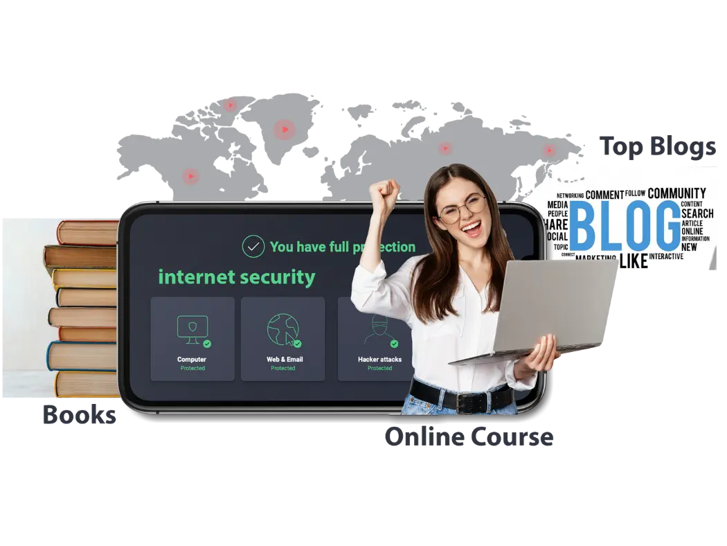 Woman holding laptop in front of internet security screen with icons for computer, web & email, and hacker attacks.