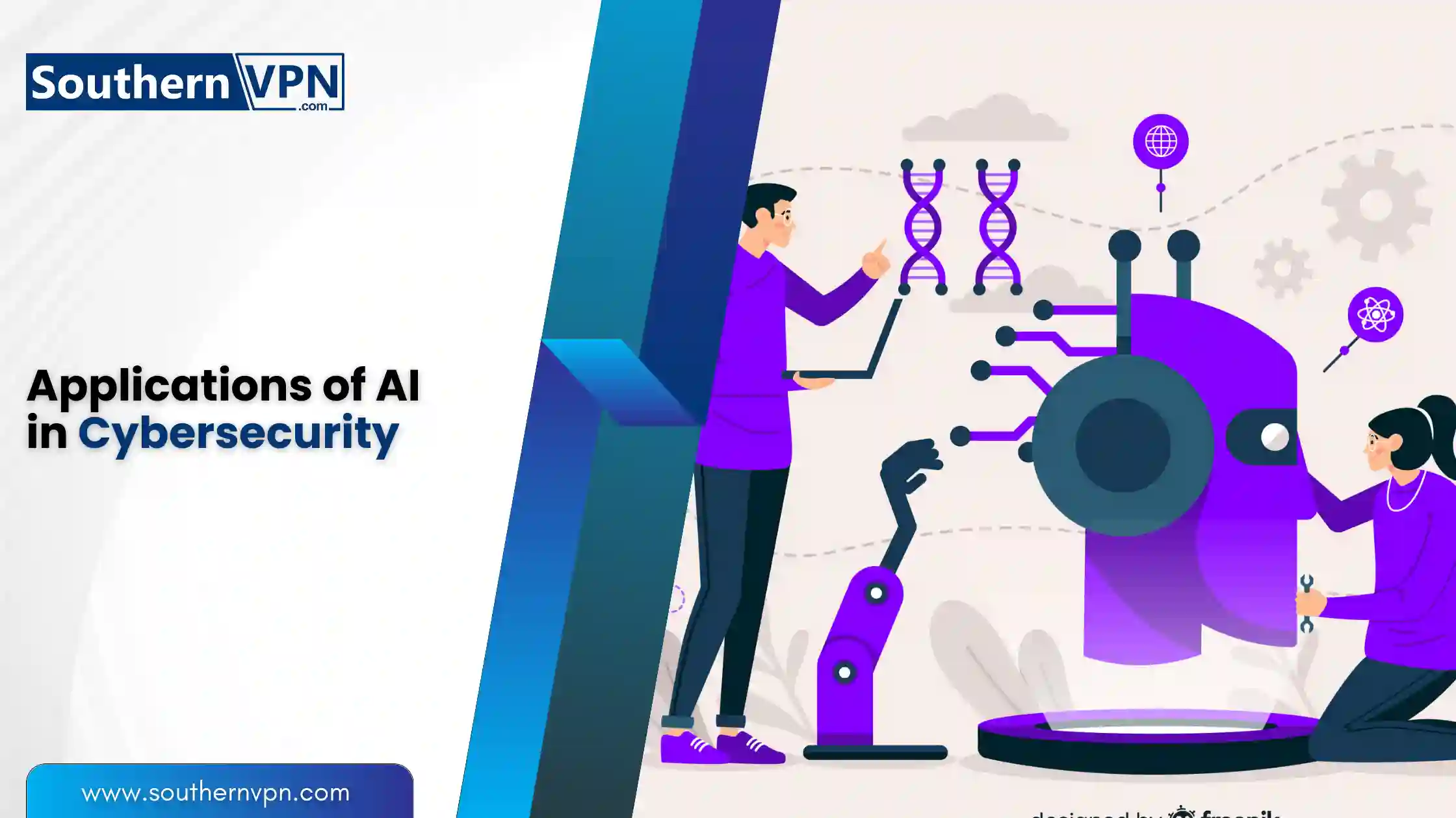 Illustration of people using AI technology in cybersecurity, depicting applications of AI, with SouthernVPN branding and website link.