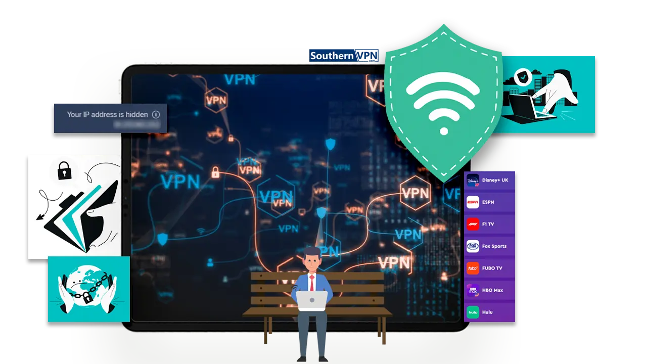 Man using laptop with VPN network connections on screen, emphasizing hidden IP and secure browsing, featuring Best VPN.