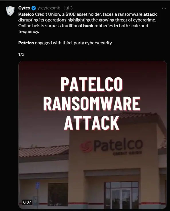 Patelco Credit Union cyberattack causes operational disruption.