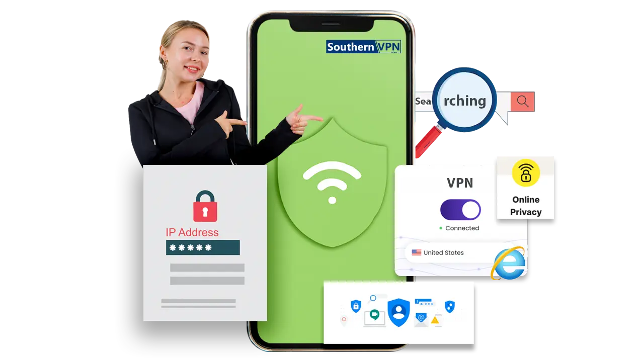 Woman pointing at phone screen with VPN security icon, emphasizing IP address protection and online privacy, featuring Best VPN.