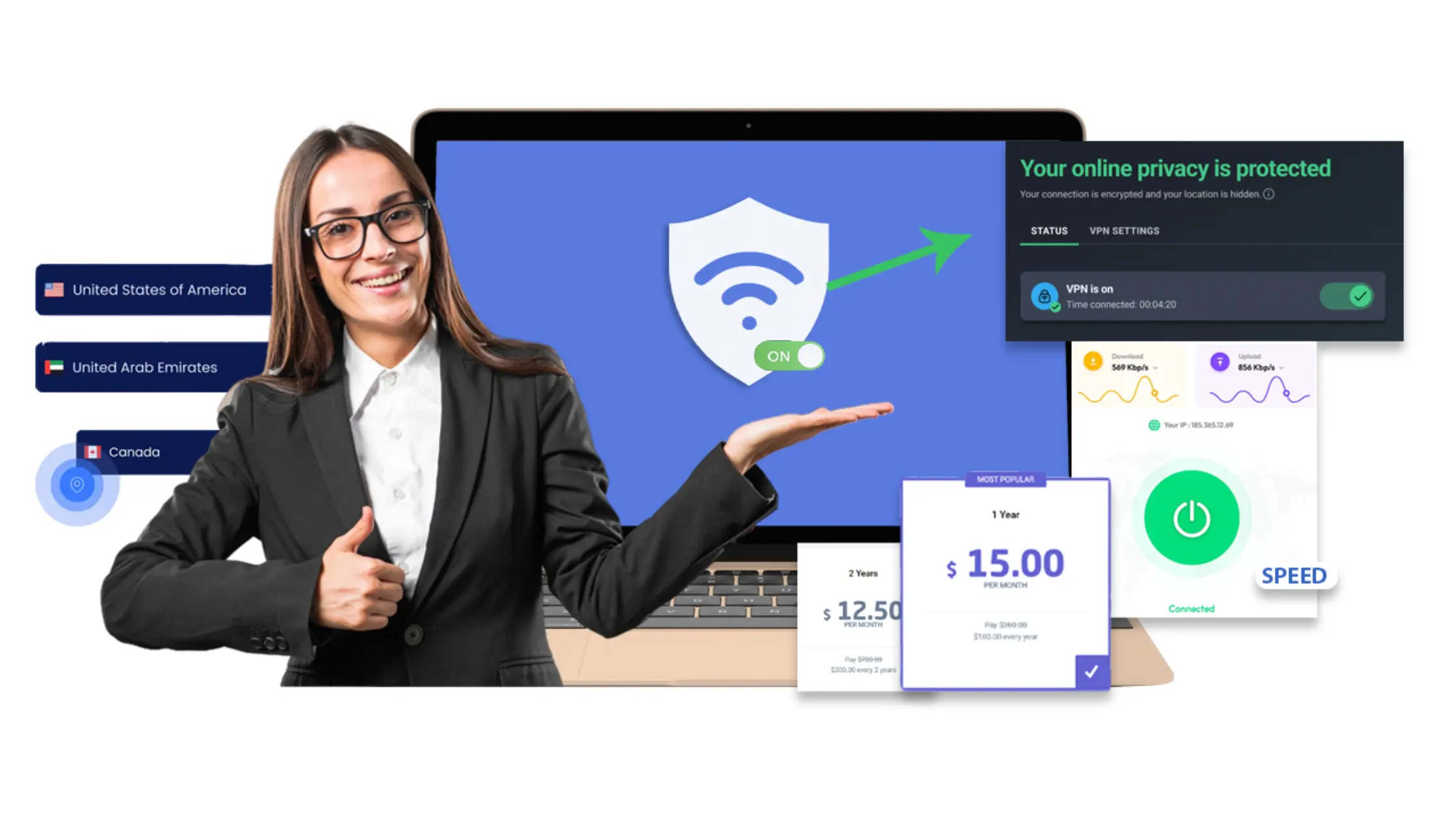 Best VPN options displayed with a smiling woman showing VPN features and pricing.