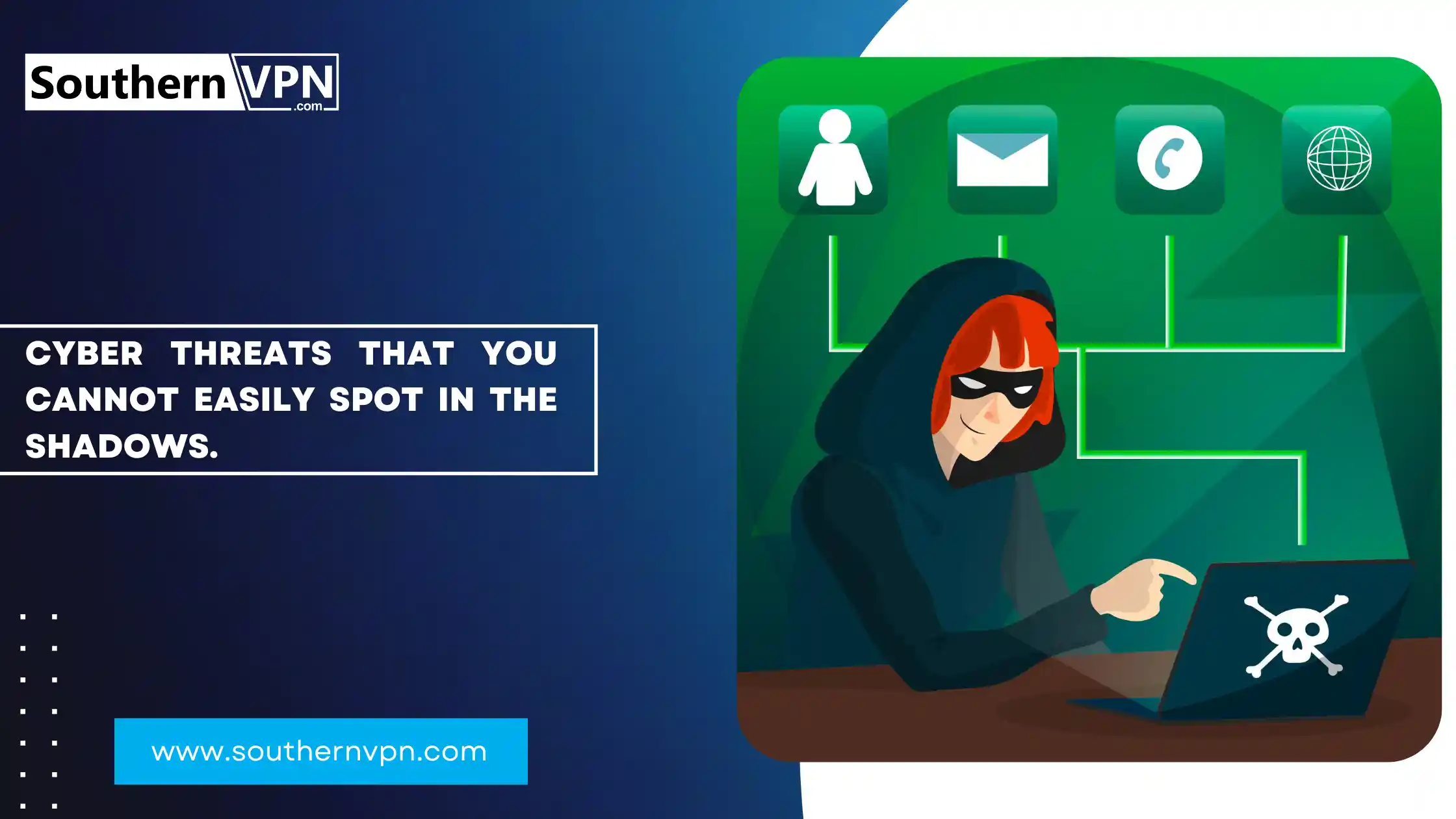 Illustration of a masked hacker pointing finger on laptop with icons representing different cyber threats in the background by Southern VPN.