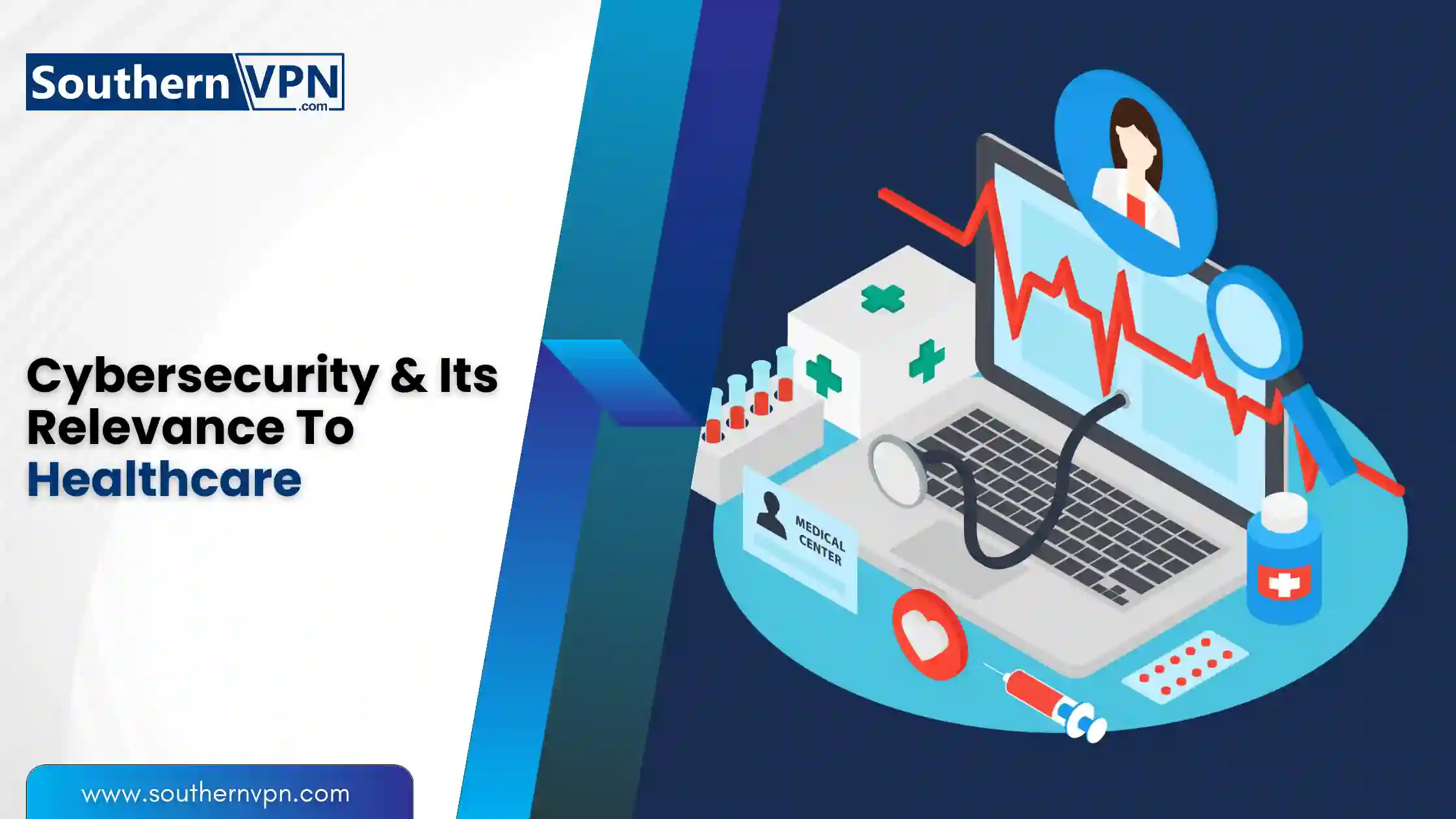 Illustration of healthcare cybersecurity relevance, showing medical icons, a laptop with a heartbeat graph, and Southern VPN branding. Healthcare Cybersecurity.