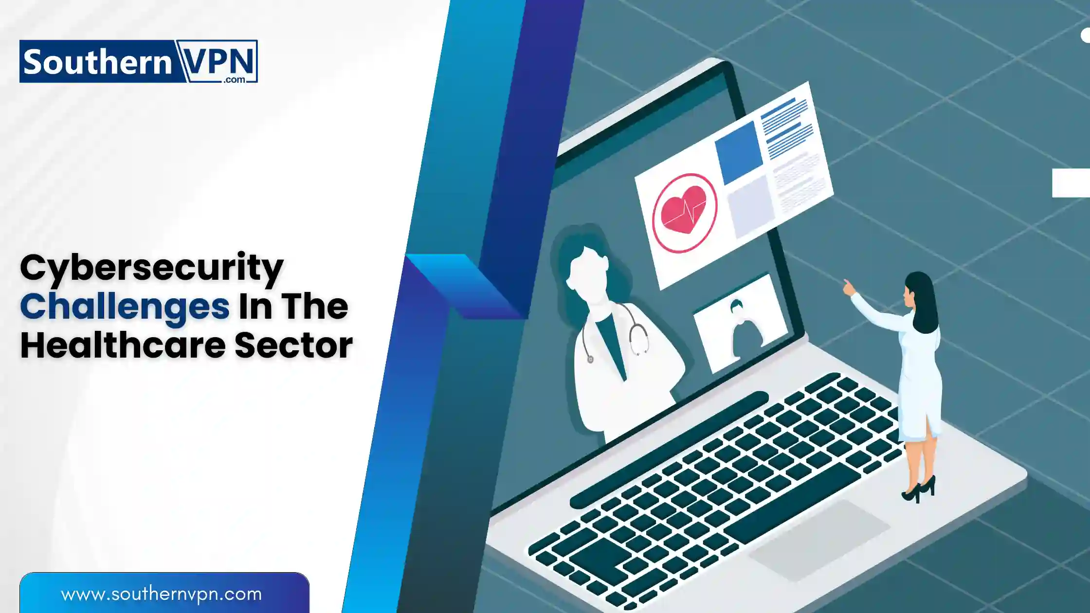 Illustration of healthcare cybersecurity efforts, featuring a doctor on a laptop screen, healthcare icons like stethoscope, medicine, and emergency symbols. Healthcare Cybersecurity.