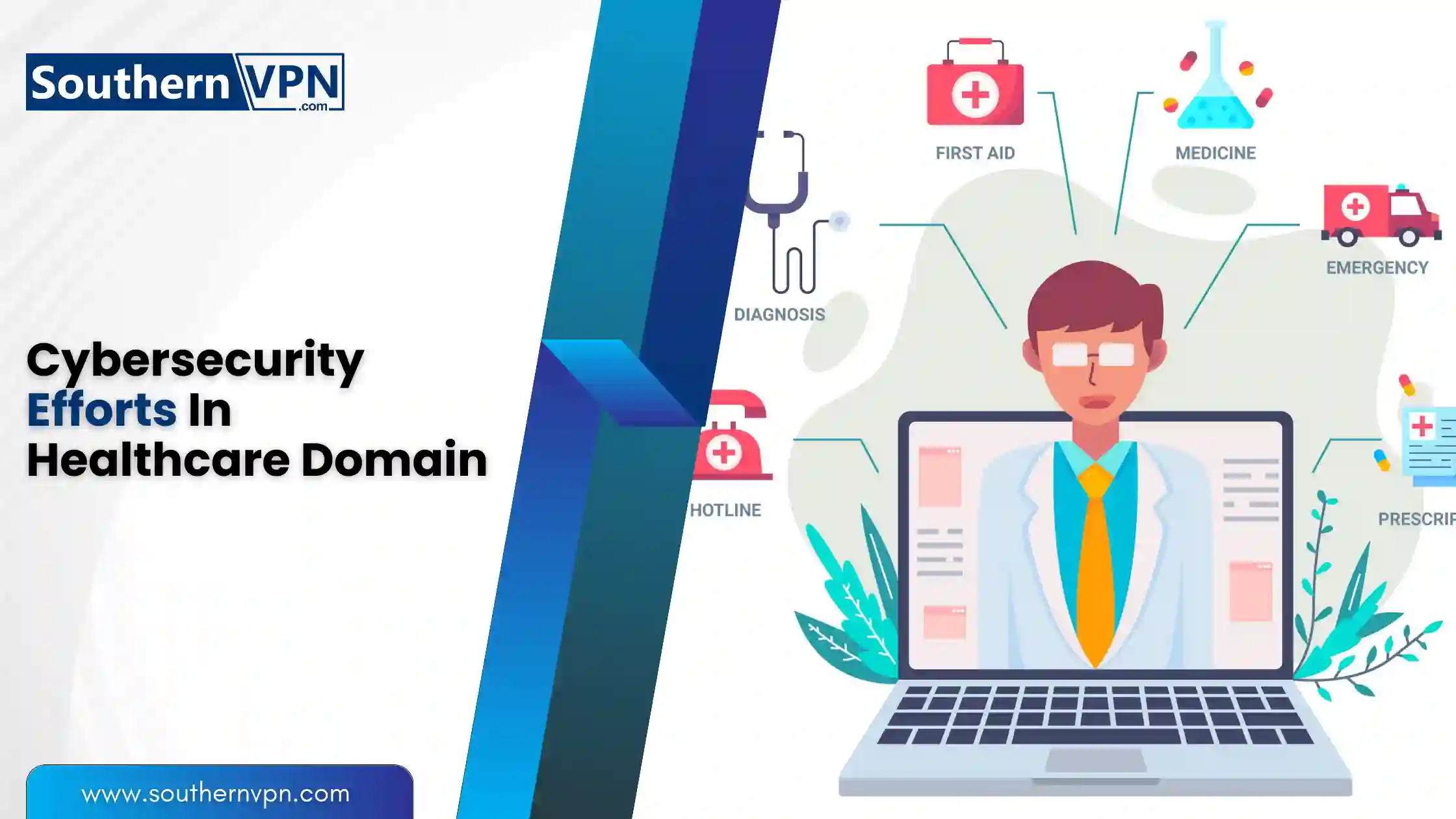 Healthcare cybersecurity efforts illustrated with a doctor, laptop, medical icons, and Southern VPN logo, highlighting data protection in healthcare.