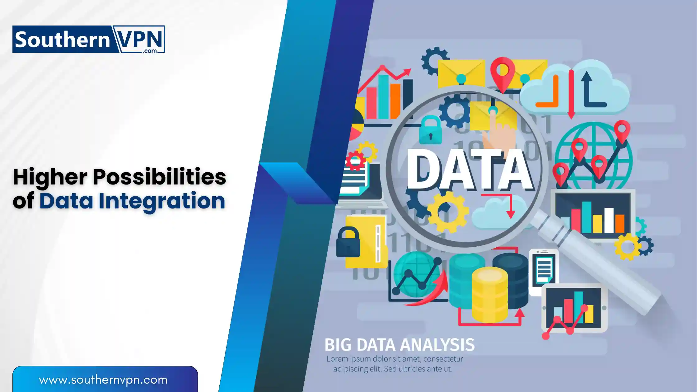 Illustration showcasing higher possibilities of data integration with charts, graphs, and security icons, emphasizing new privacy laws and big data analysis.