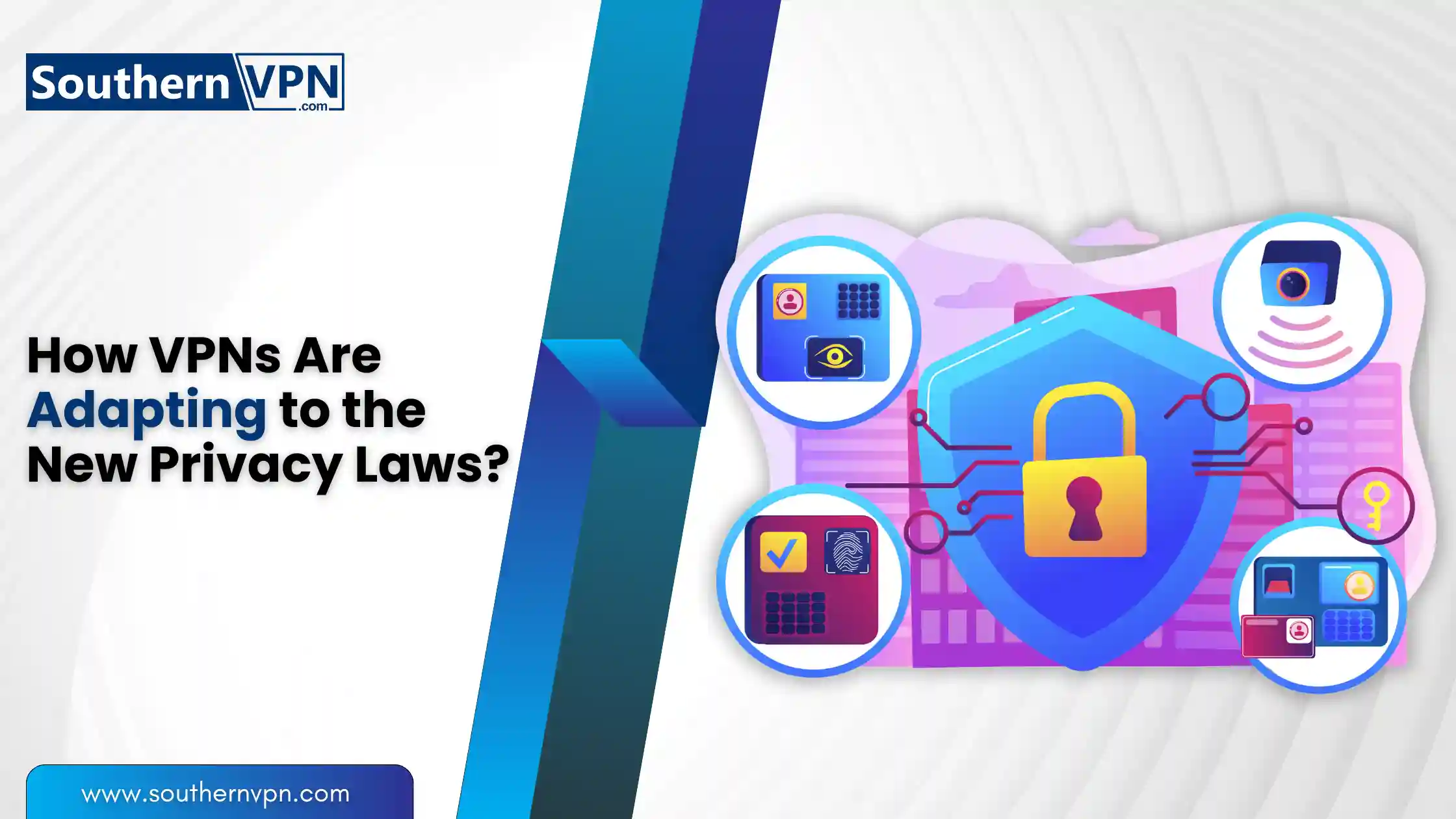 Illustration showing how VPNs adapt to new privacy laws, with icons of security, encryption, and user privacy measures in focus.