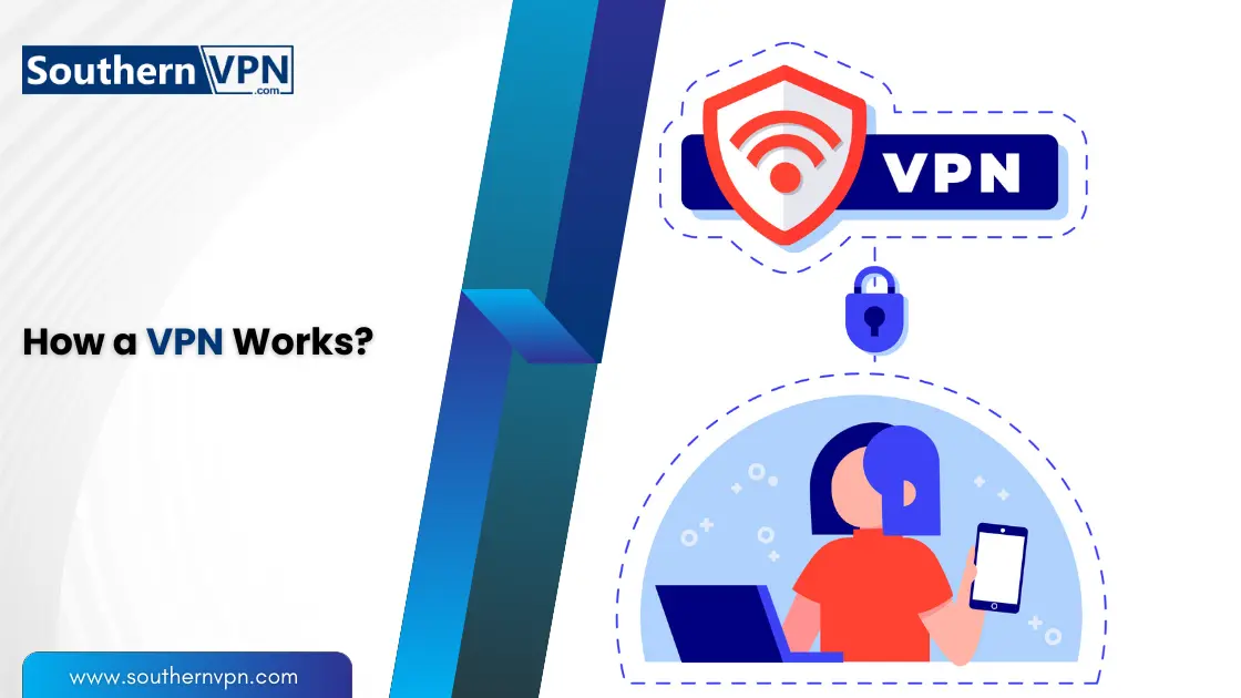 How a VPN Works to avoid location tracking, featuring a person using a laptop and a smartphone with a VPN shield icon.