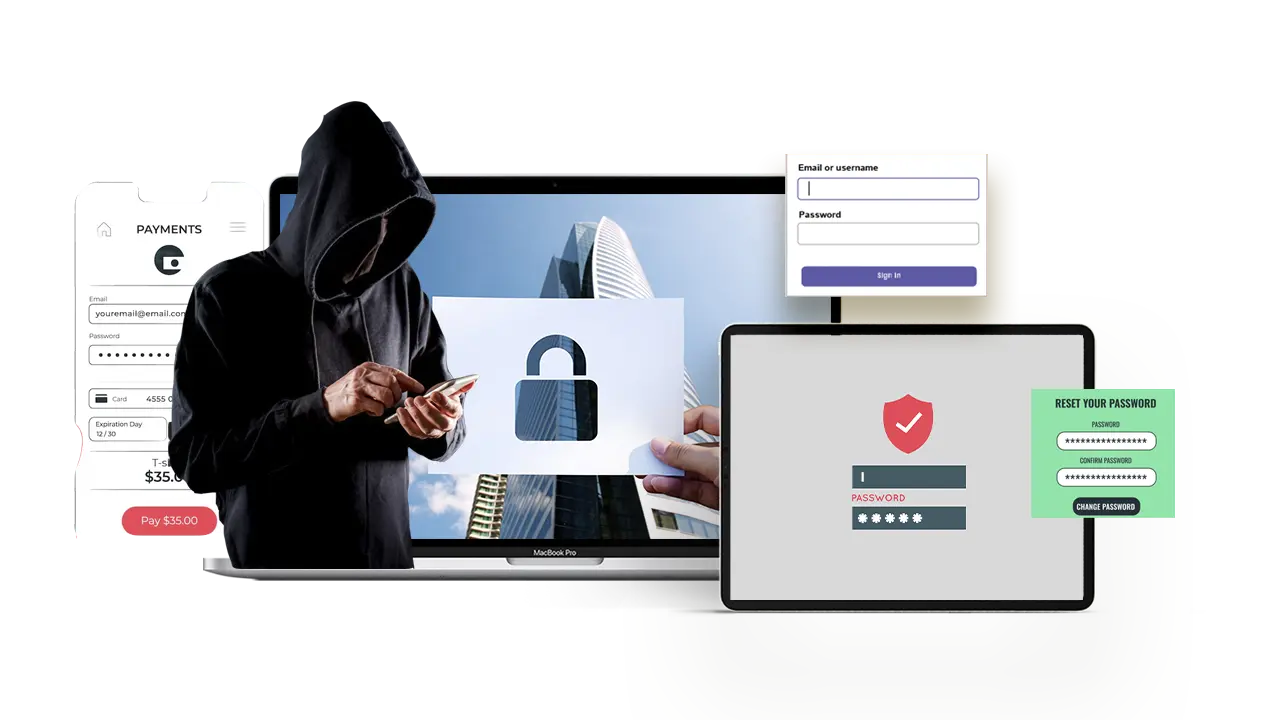 Hacker attempting to access accounts alongside strong password protections on various devices. Secure your accounts with a Password Generator.