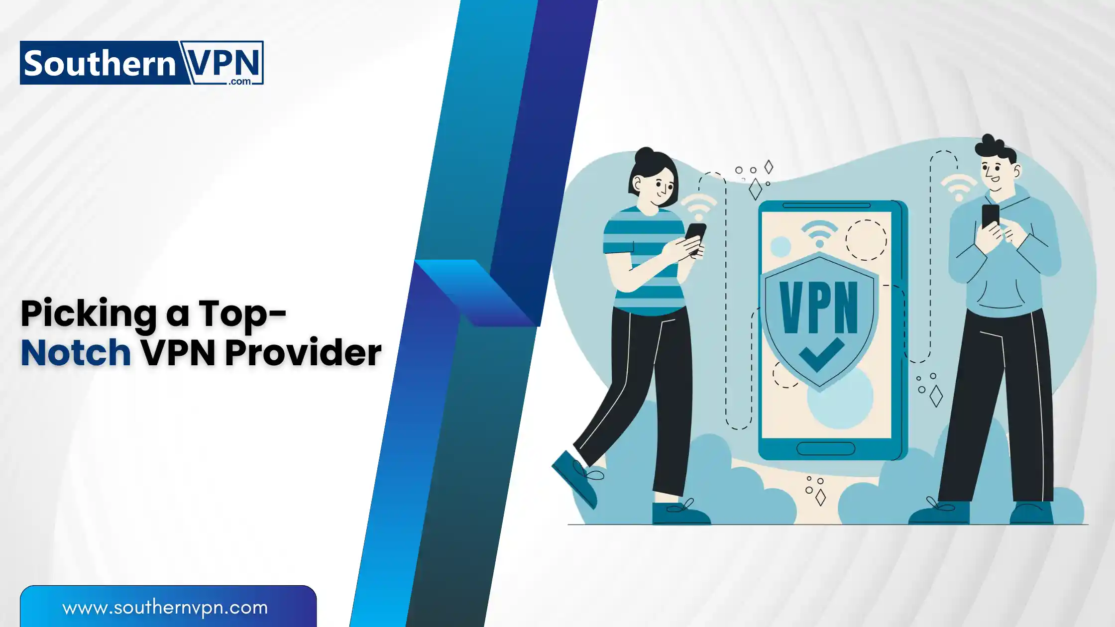 Install VPN on Router: illustration of users evaluating VPN options on smartphones, emphasizing picking a top-notch VPN provider.