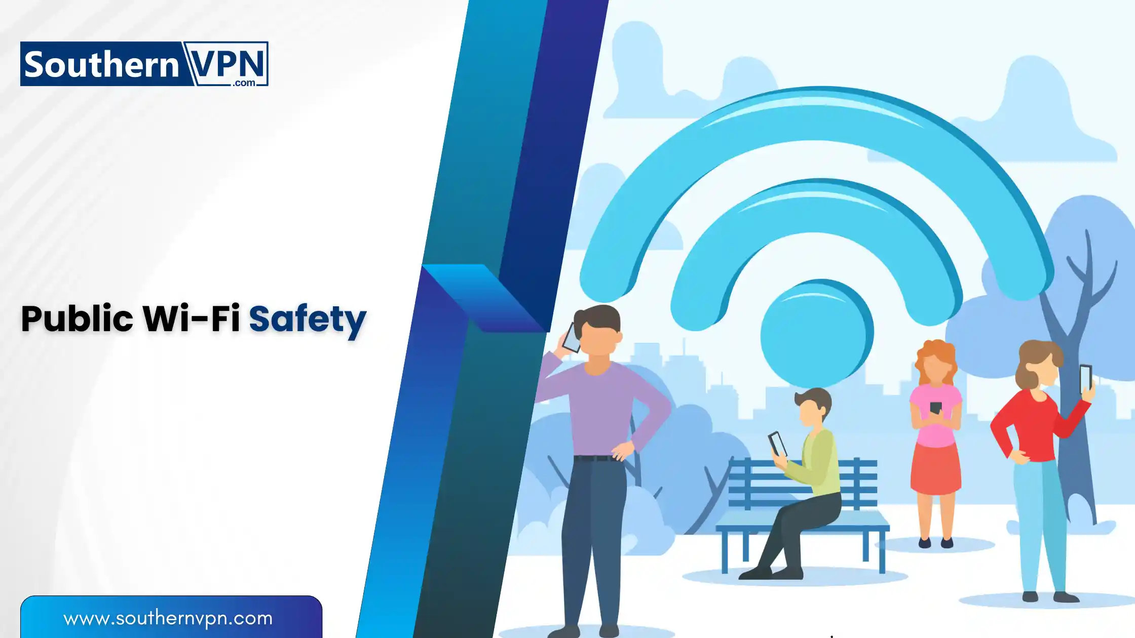 Public Wi-Fi safety tips illustration by SouthernVPN showing people using mobile devices outdoors with a Wi-Fi symbol in the background.