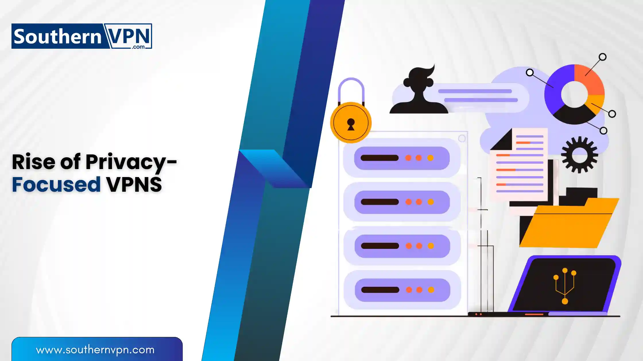 Illustration showing the rise of privacy-focused VPNs, highlighting secure servers and user anonymity, emphasizing new privacy laws in internet security.