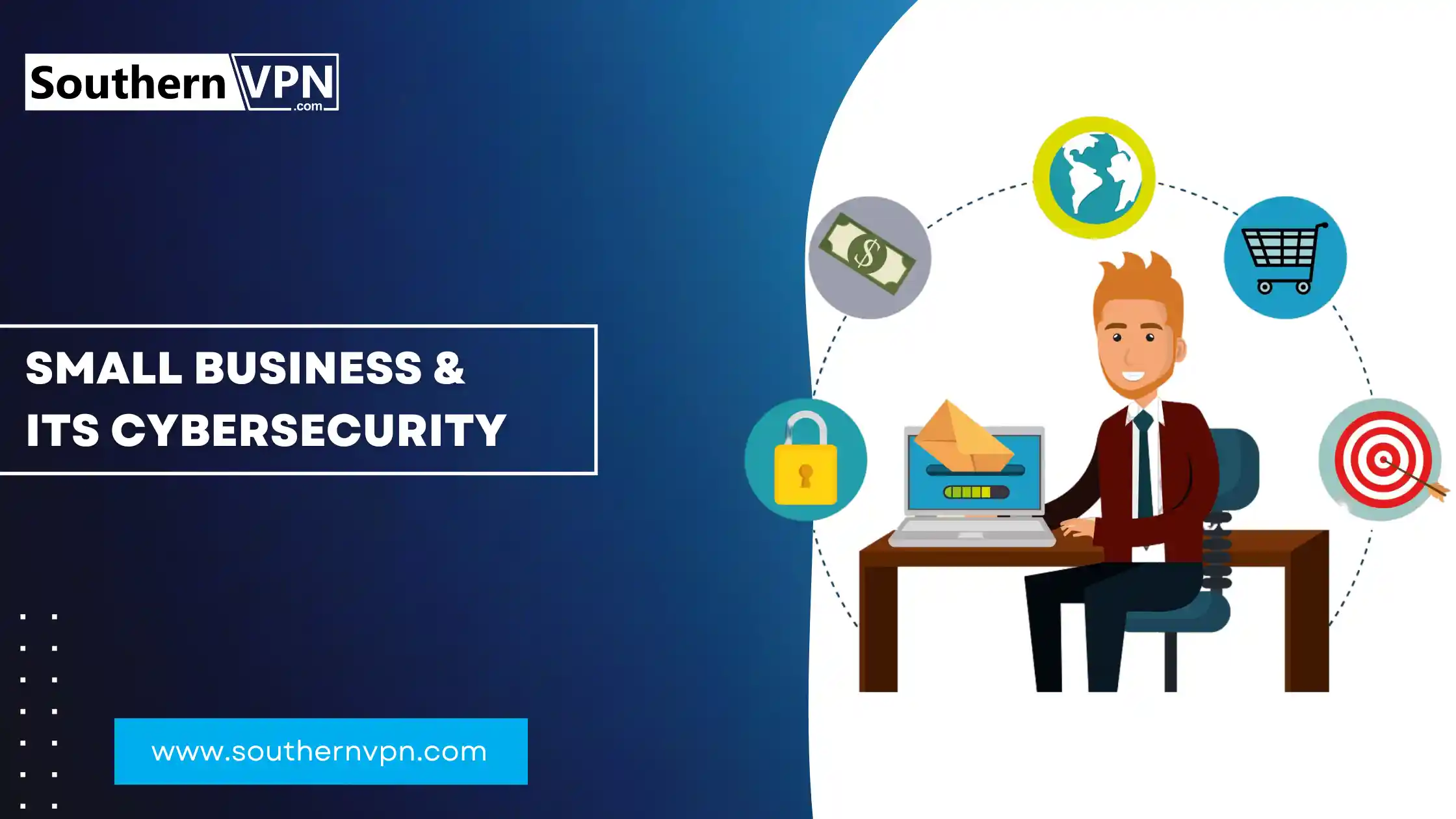 Illustration of a small business owner focusing on cybersecurity, featuring icons for security, email, finance, and online shopping.