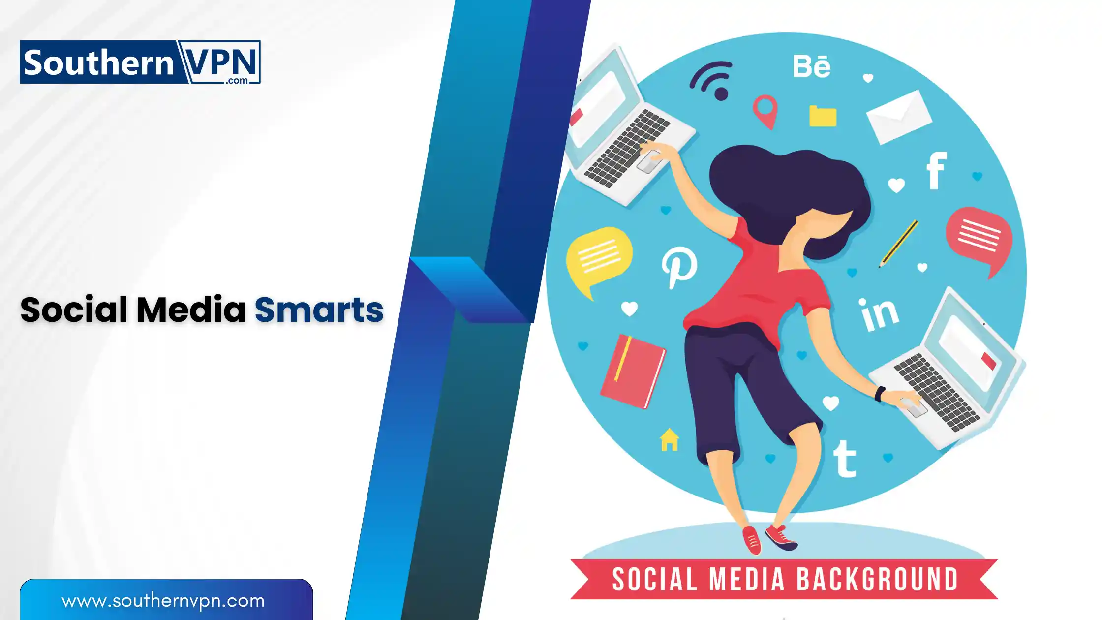 Social media smarts illustration by SouthernVPN showing a person balancing multiple devices and social media icons. Tips for online security.