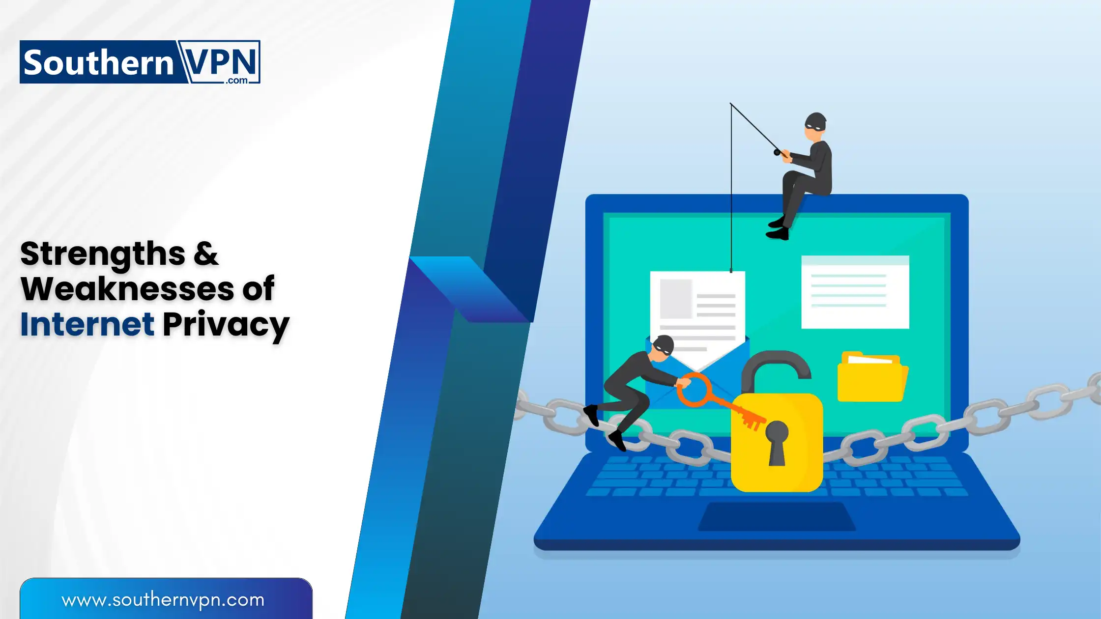 Illustration of Internet privacy strengths and weaknesses with hackers, chains, and lock on laptop. What is Internet Privacy?