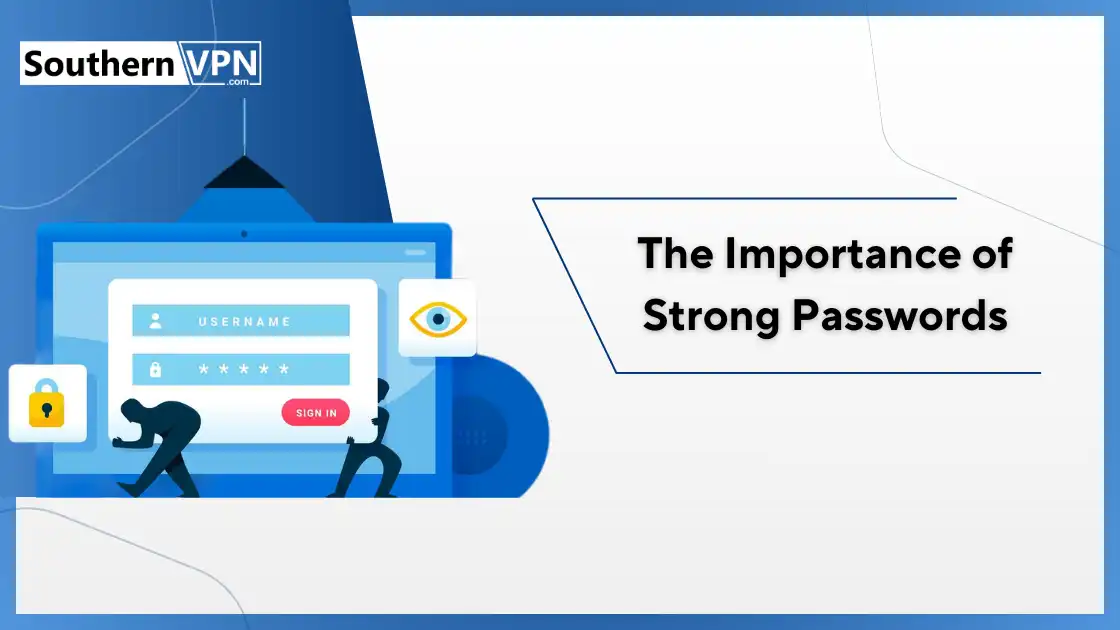 Importance of strong passwords for password security, featuring login screen with lock and eye icons. Password Security guide.