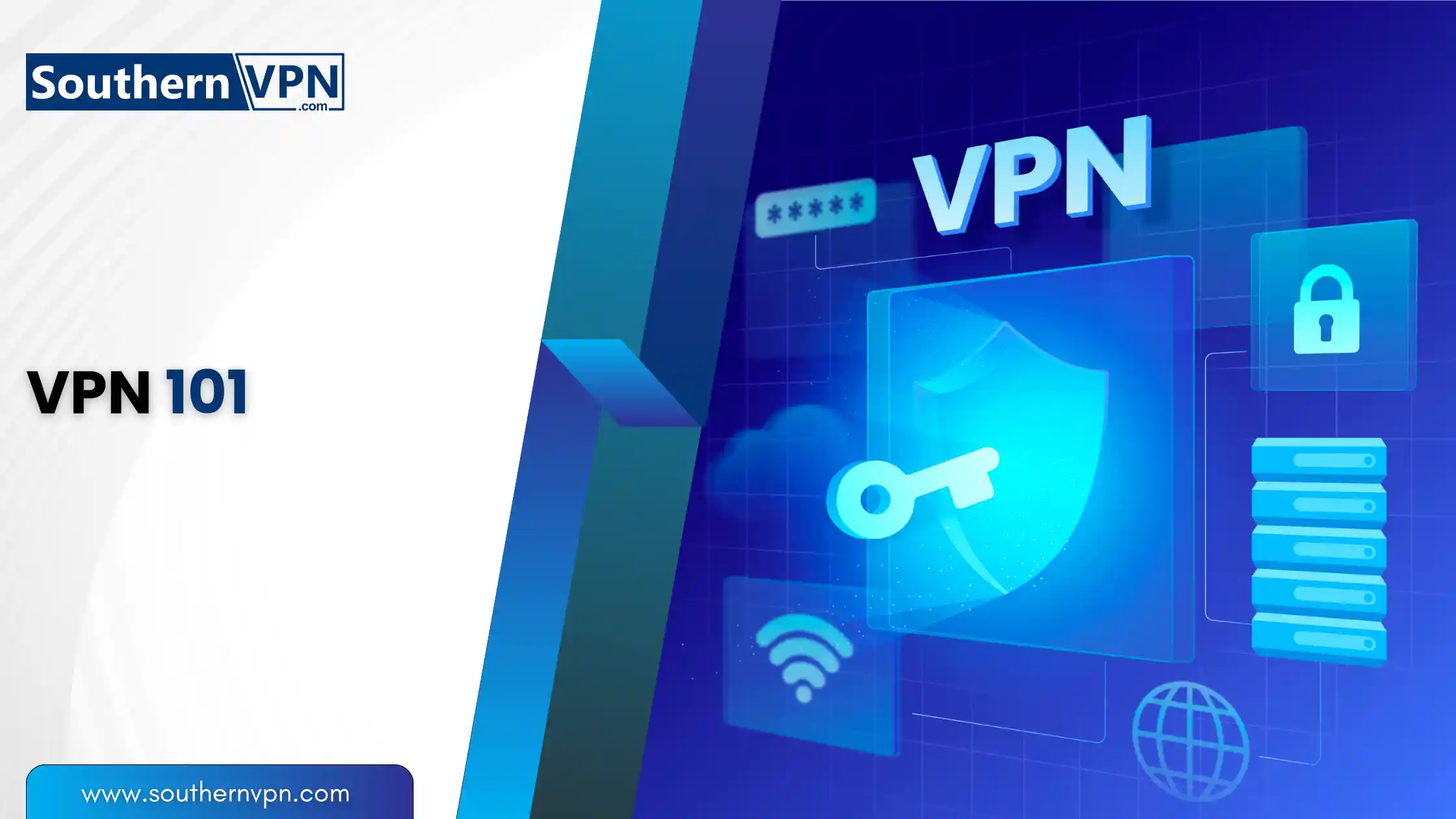 Illustration demonstrating the importance of VPN for online privacy with a shield, key, padlock, and server icons for security.