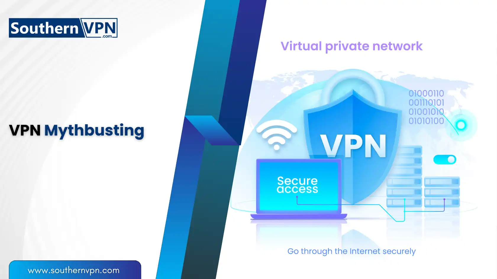 Secure Your Home Network with a VPN: Illustration of secure internet access with a laptop, shield, and Wi-Fi symbol, debunking VPN myths for better security.