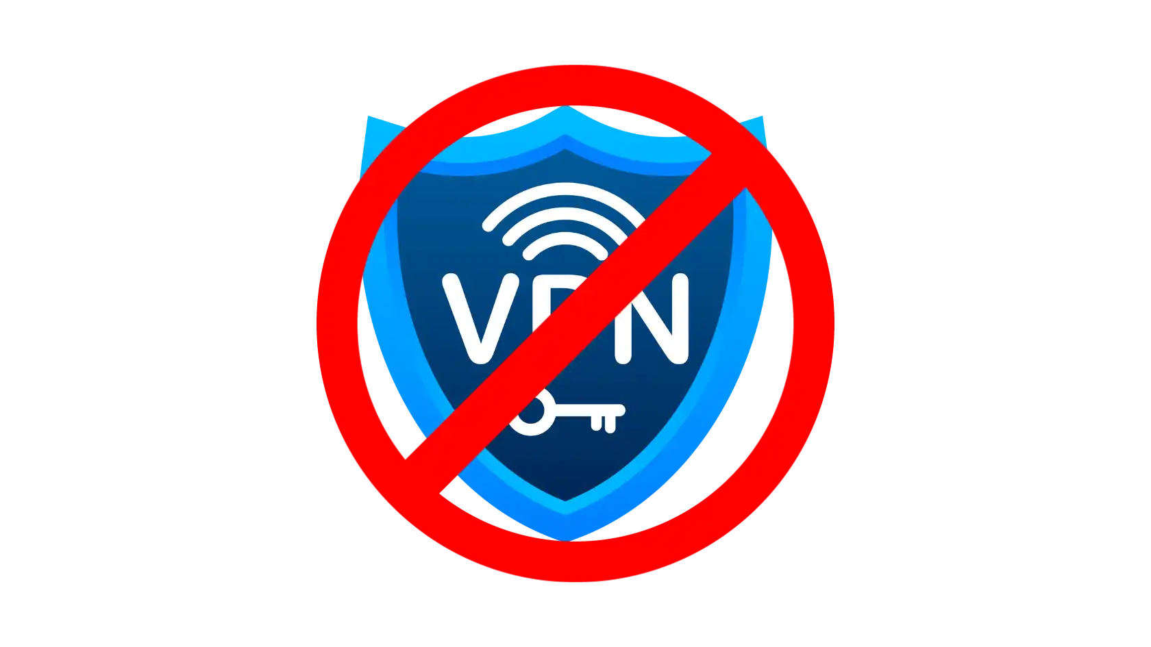 Install VPN on Router: illustration of a VPN shield icon with a red prohibition symbol, indicating VPN not working or blocked.