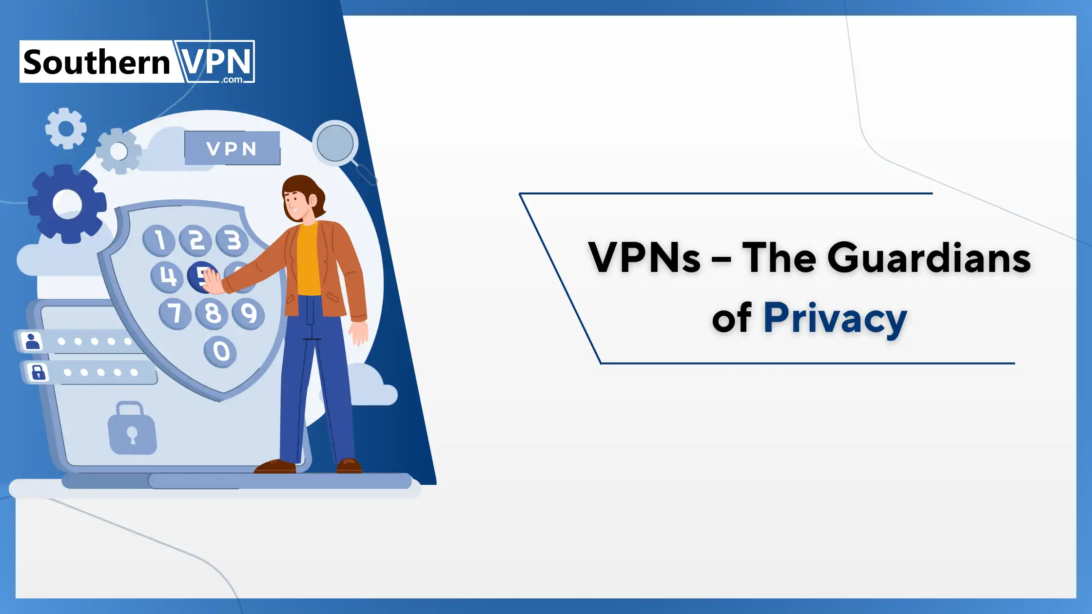 Illustration showing VPN security features with a person interacting with a shield, highlighting how 5G affects VPN security.