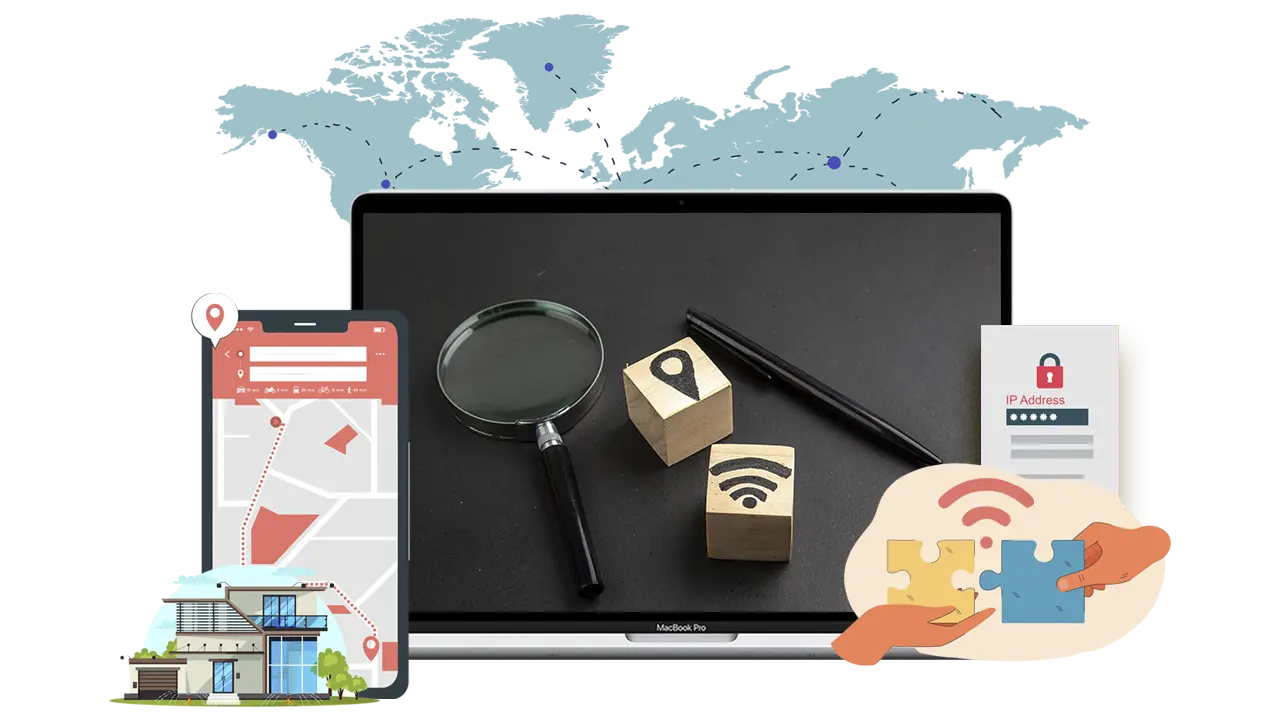 Showing the concept of 'What is my IP address' with a magnifying glass, location marker, and IP address icon.