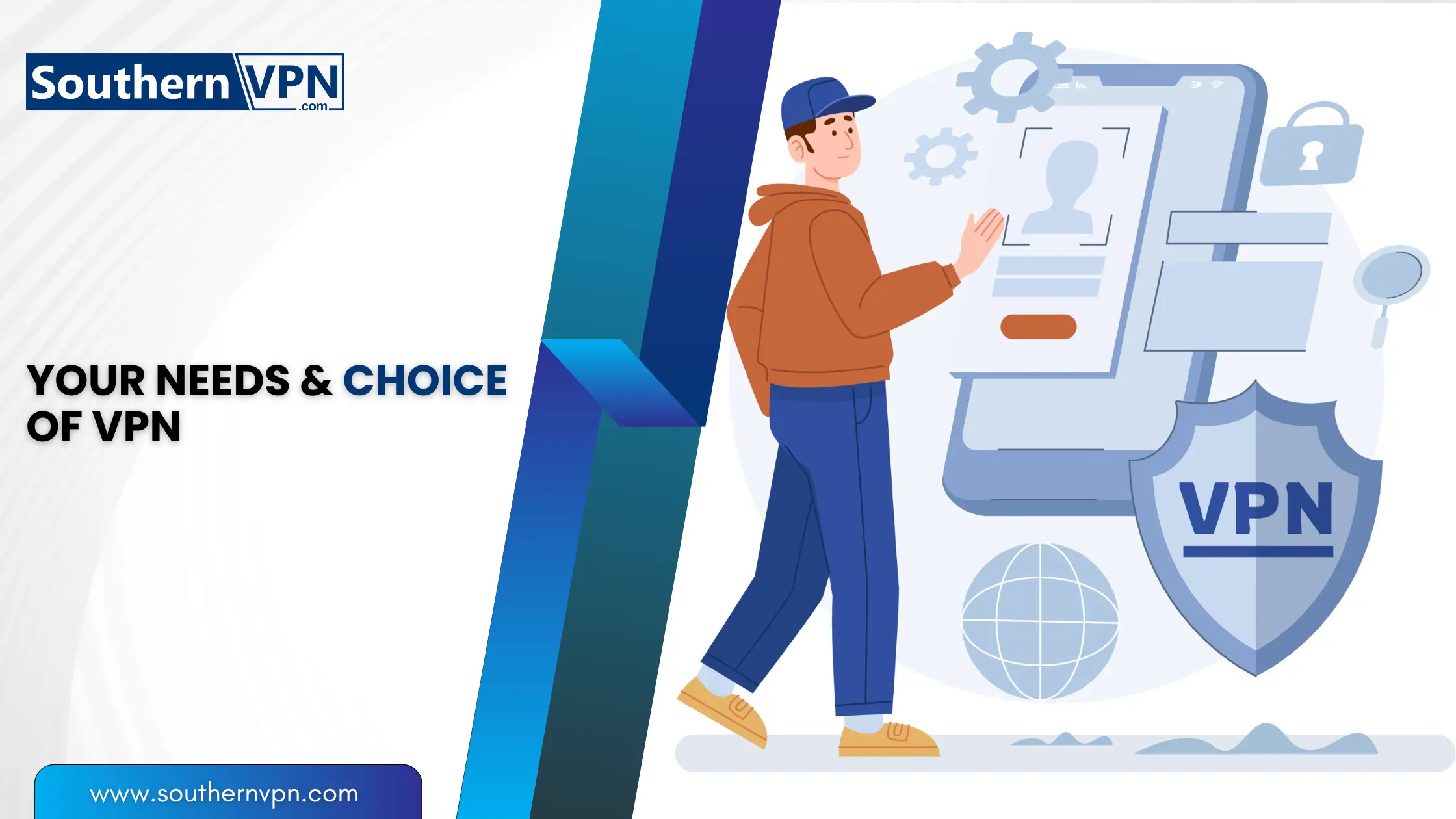 Person interacting with a VPN interface, with text overlay "Your Needs & Choice of VPN" and how to choose the best VPN