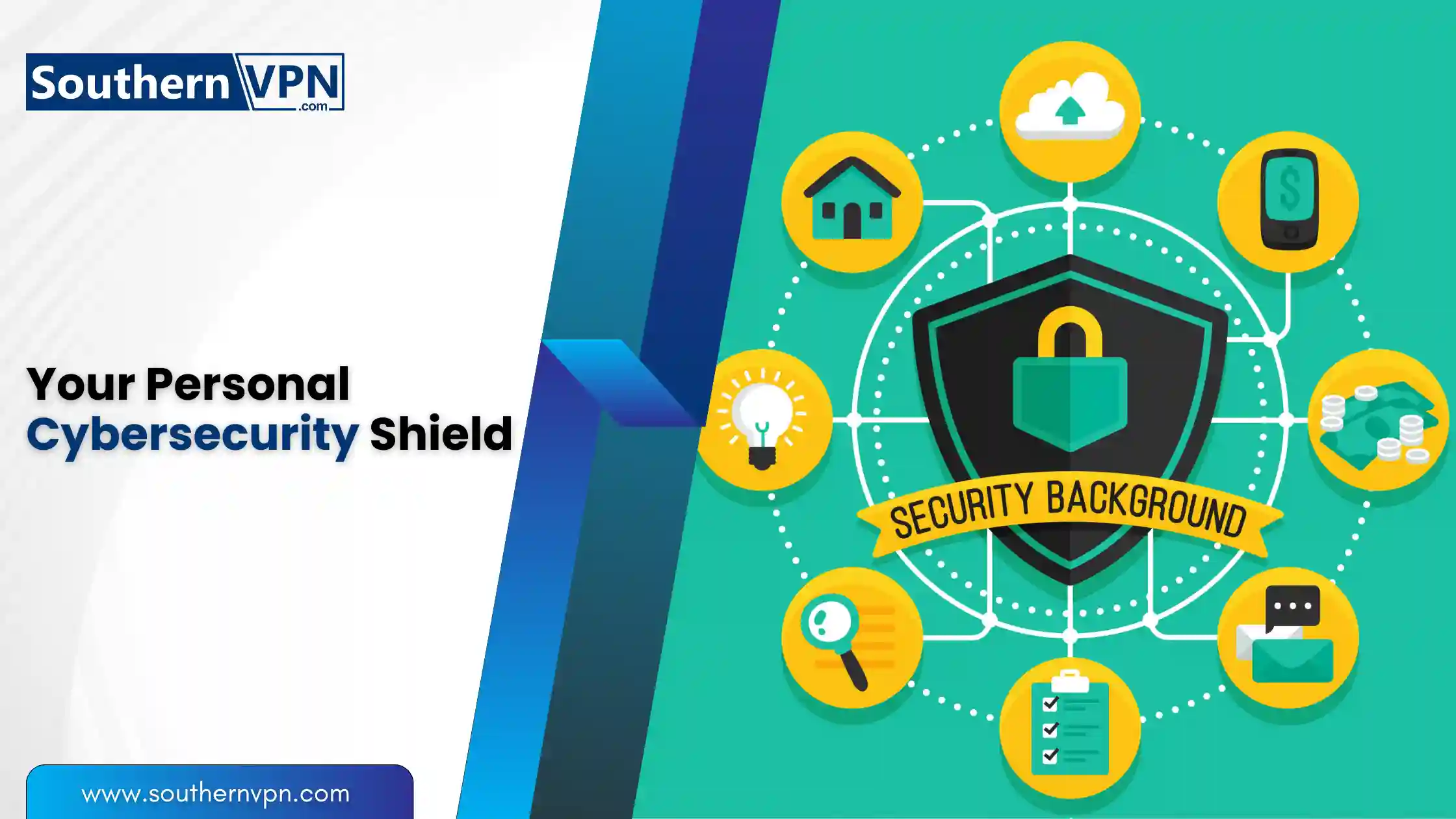 SouthernVPN advertisement emphasizing online safety for remote work, featuring cybersecurity shield and related icons, ensuring secure digital environment.