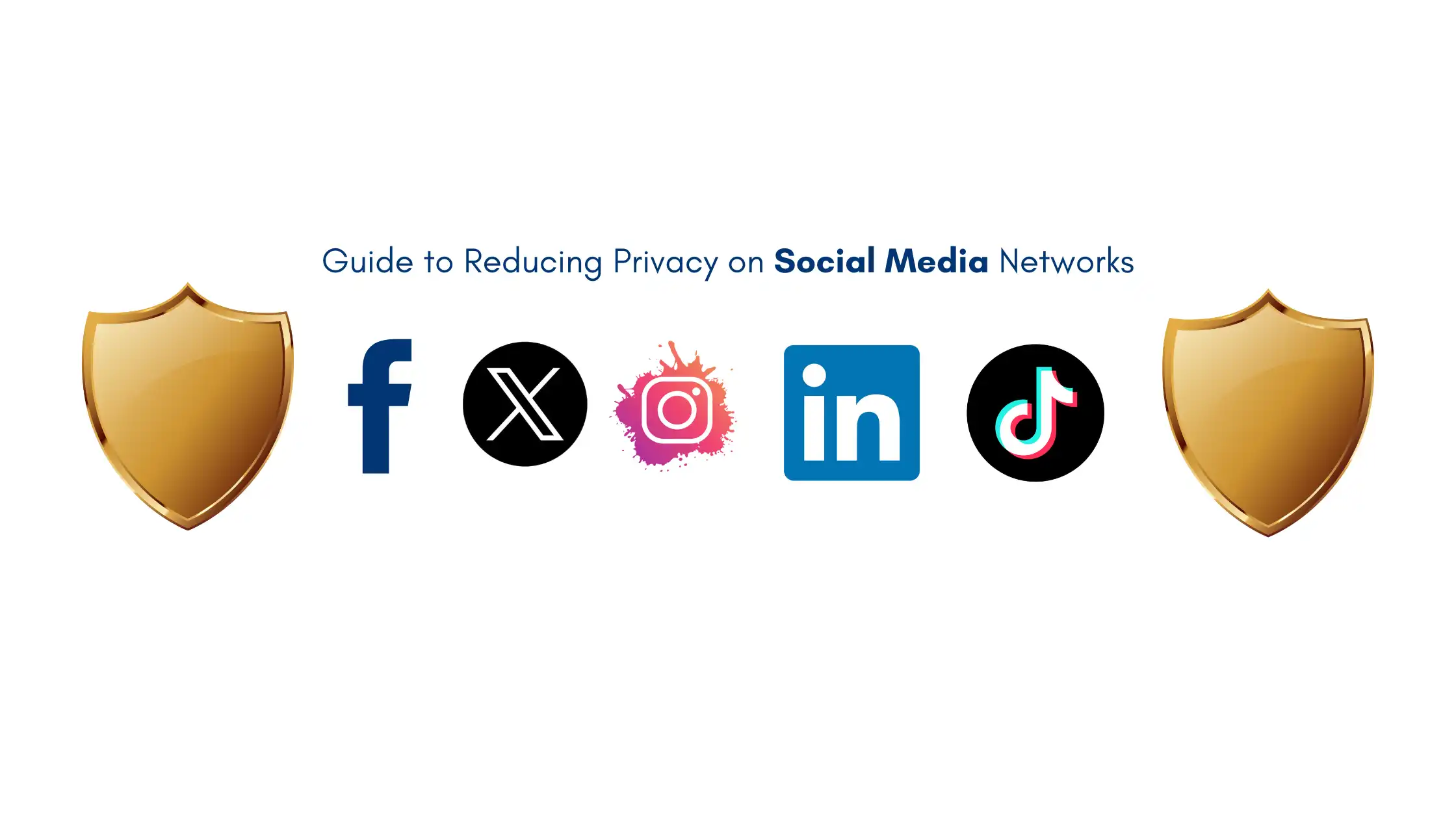 Social media icons with shields, guide to protect social media privacy on networks like Facebook, X, Instagram, LinkedIn, and TikTok.