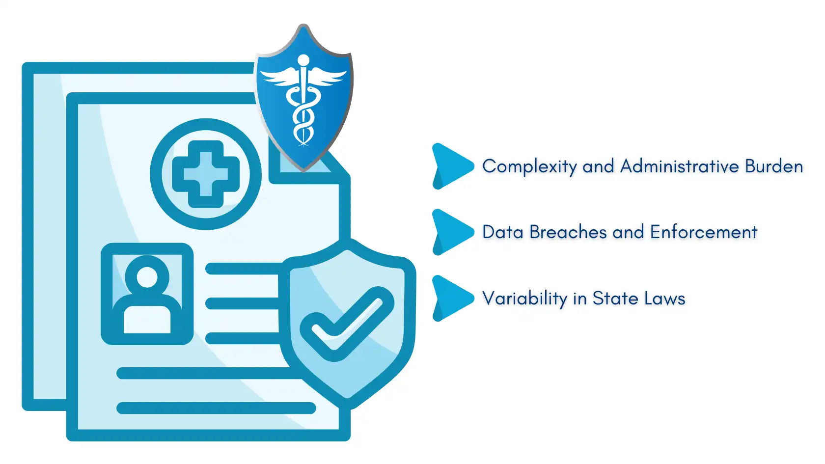 Graphic depicting challenges and criticisms of the HIPAA Privacy Rule, including complexity, data breaches, enforcement, and variability in state laws.