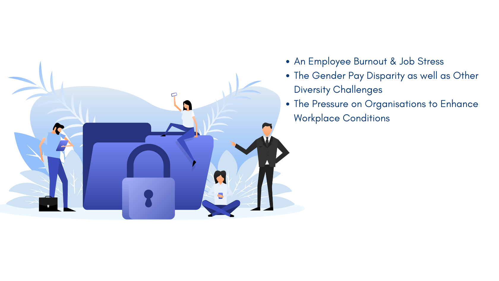 Illustration highlighting challenges in the future of cybersecurity careers, including employee burnout, gender pay disparity, and workplace diversity issues.